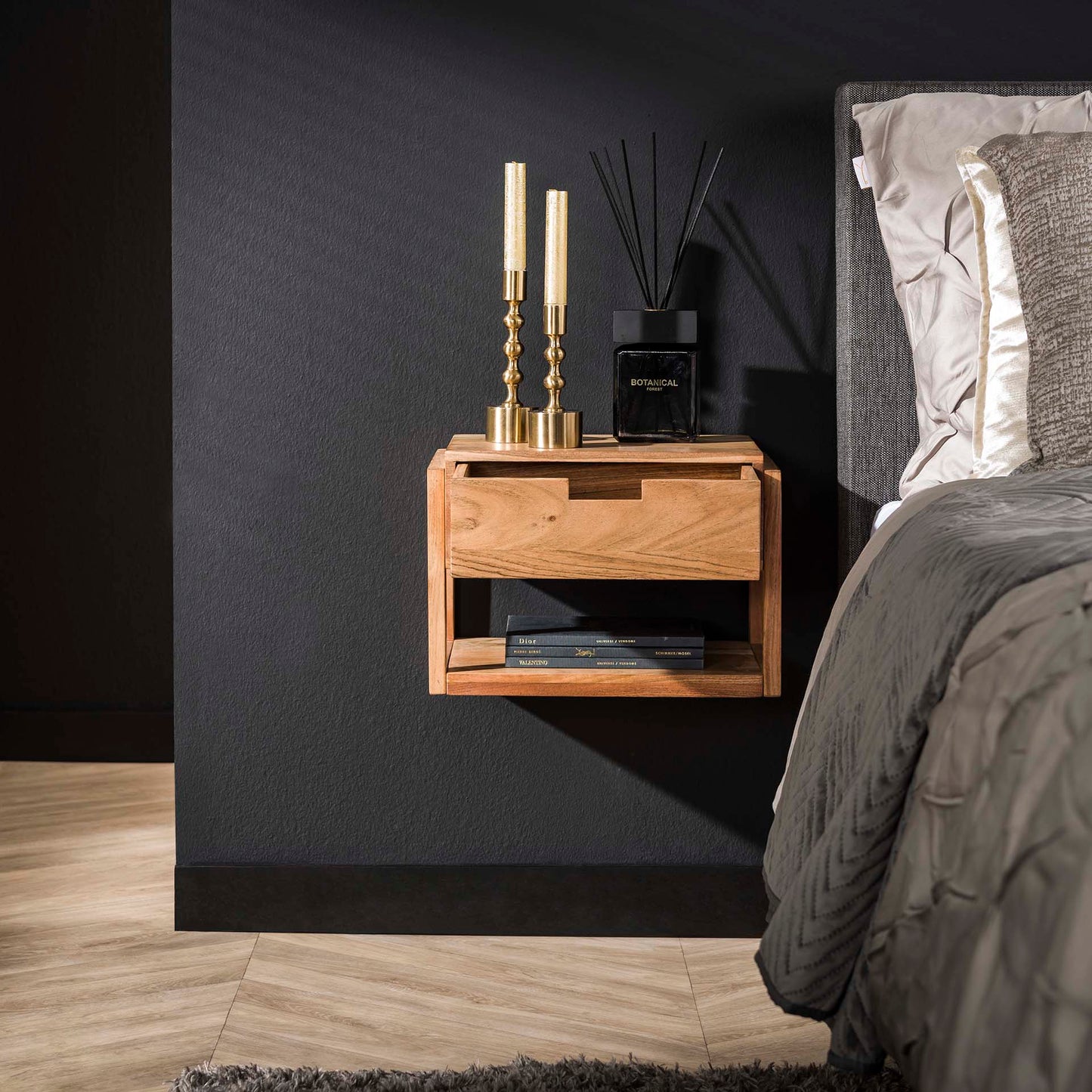 Nachtkastje 1L houten frame zwevend / Massief acacia naturel