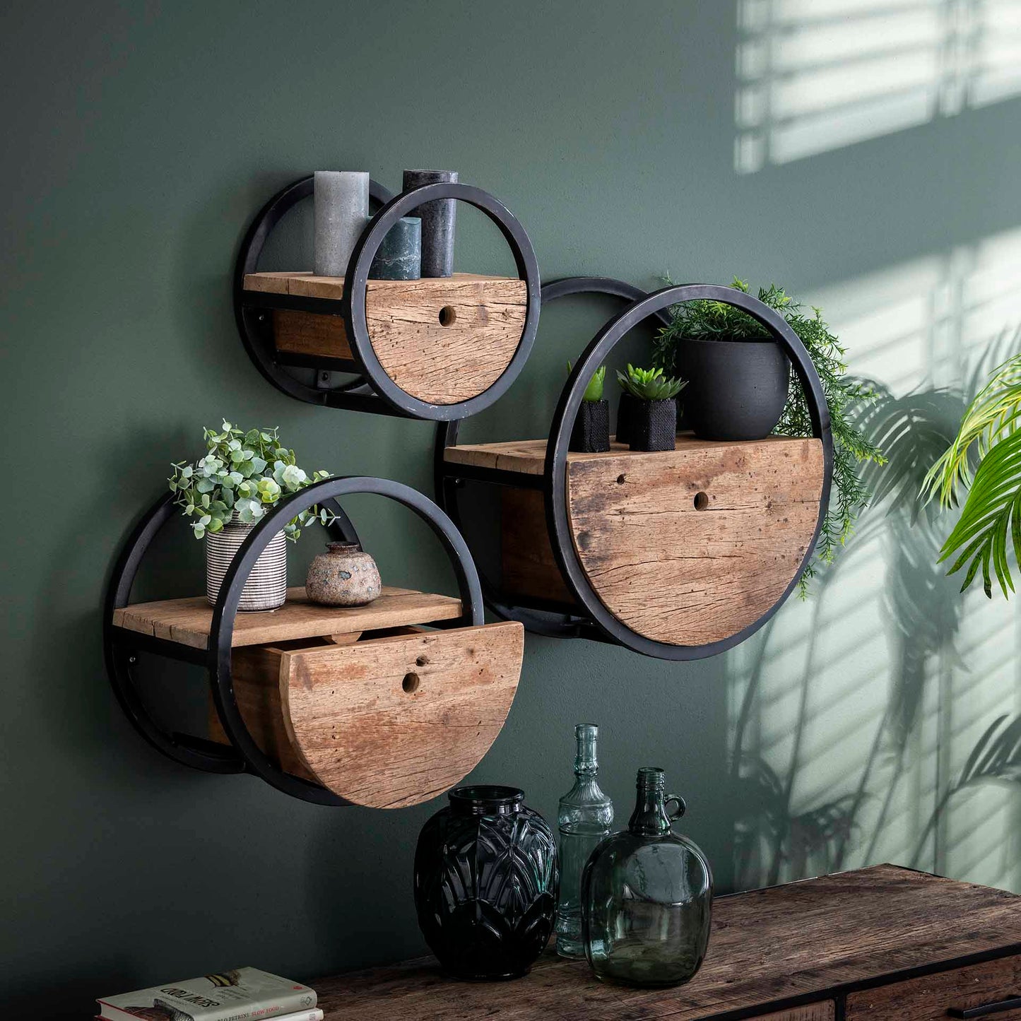 Wandschap circular Ø50 met lade / Robuust hardhout