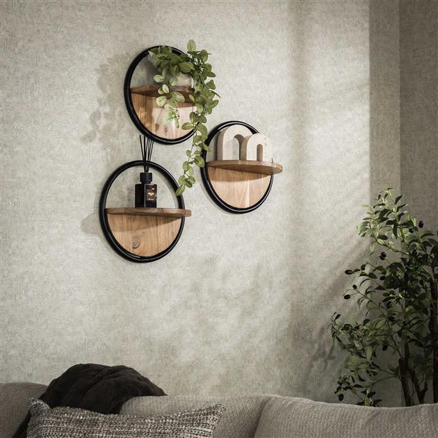 Wandschap Round Set van 3 - Massief Acacia naturel - 35x17x35 cm