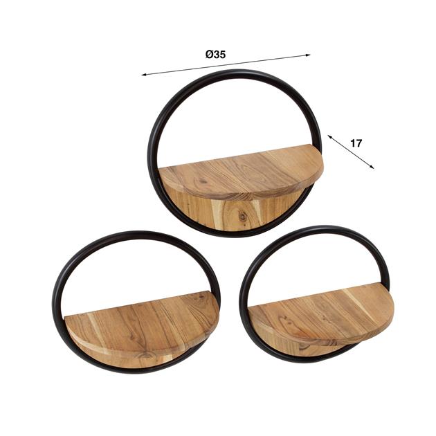 Wandschap Round Set van 3 - Massief Acacia naturel - 35x17x35 cm