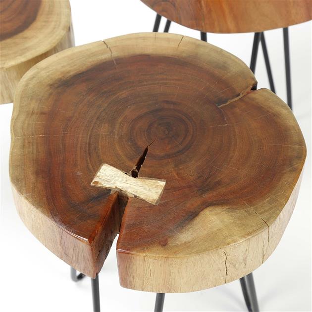 Bijzettafel van massief acacia naturel - 32x32x45 cm - 6cm dikke stam met stalen frame - verpakt per 2