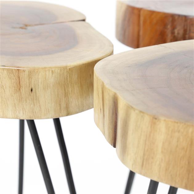 Bijzettafel van massief acacia naturel - 32x32x45 cm - 6cm dikke stam met stalen frame - verpakt per 2