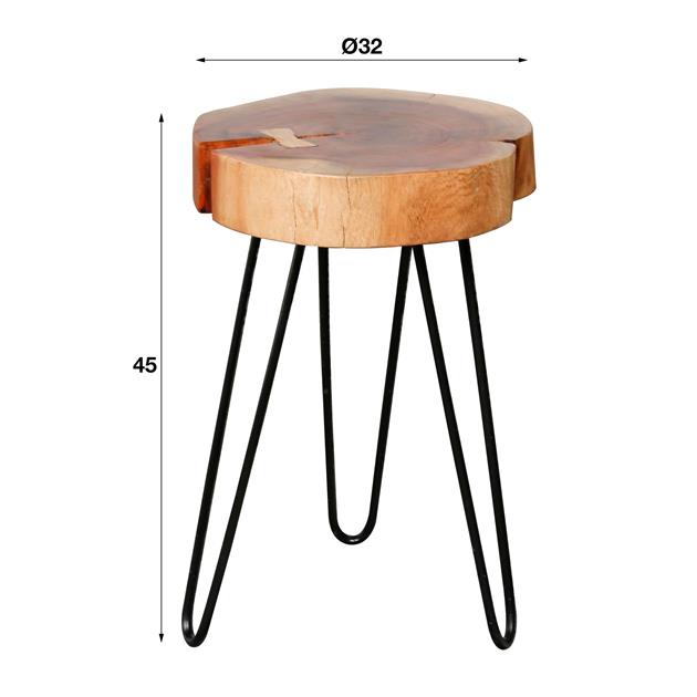 Bijzettafel van massief acacia naturel - 32x32x45 cm - 6cm dikke stam met stalen frame - verpakt per 2