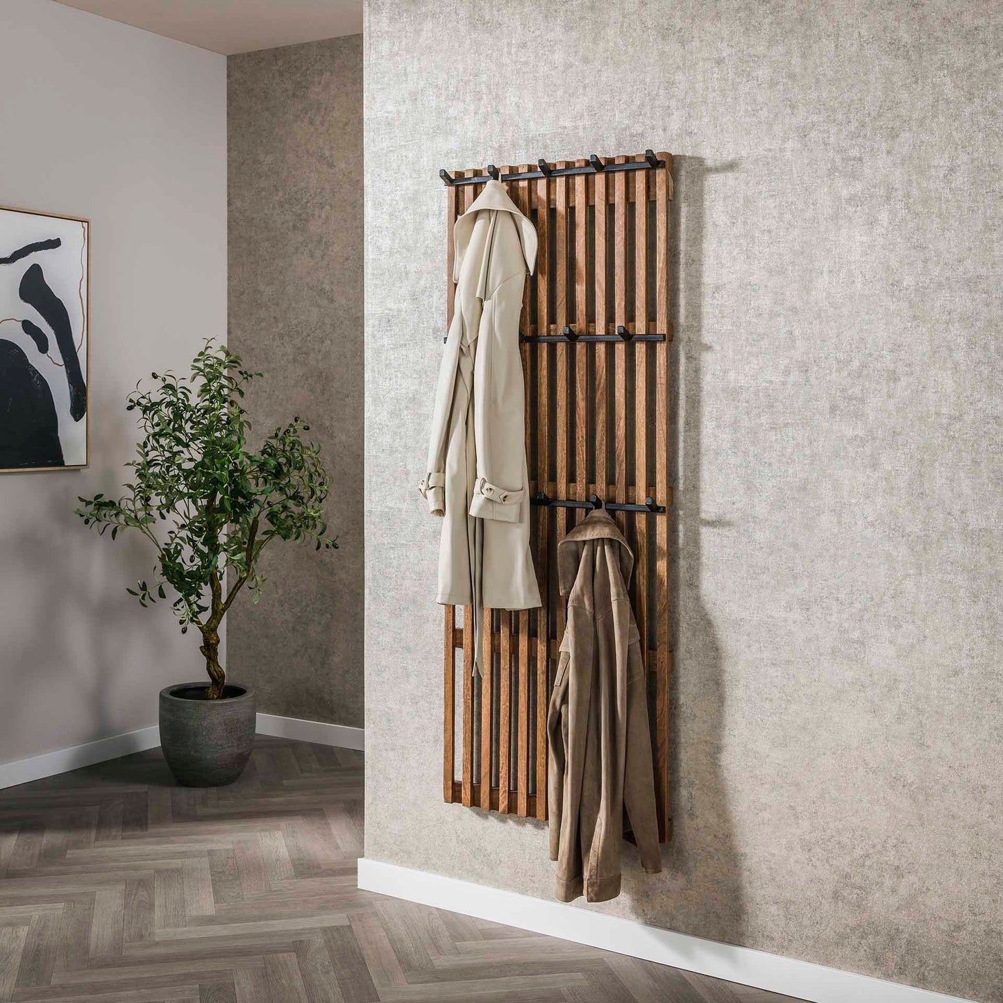 Kapstokrek van 14 haken Tweak - 60x10x160 cm - Massief mango zandkleur