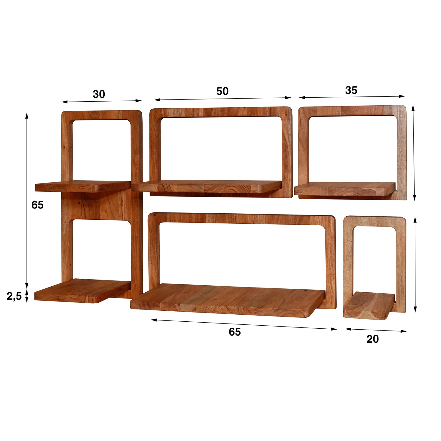 Wandschap set/5 curvy / Massief acacia naturel