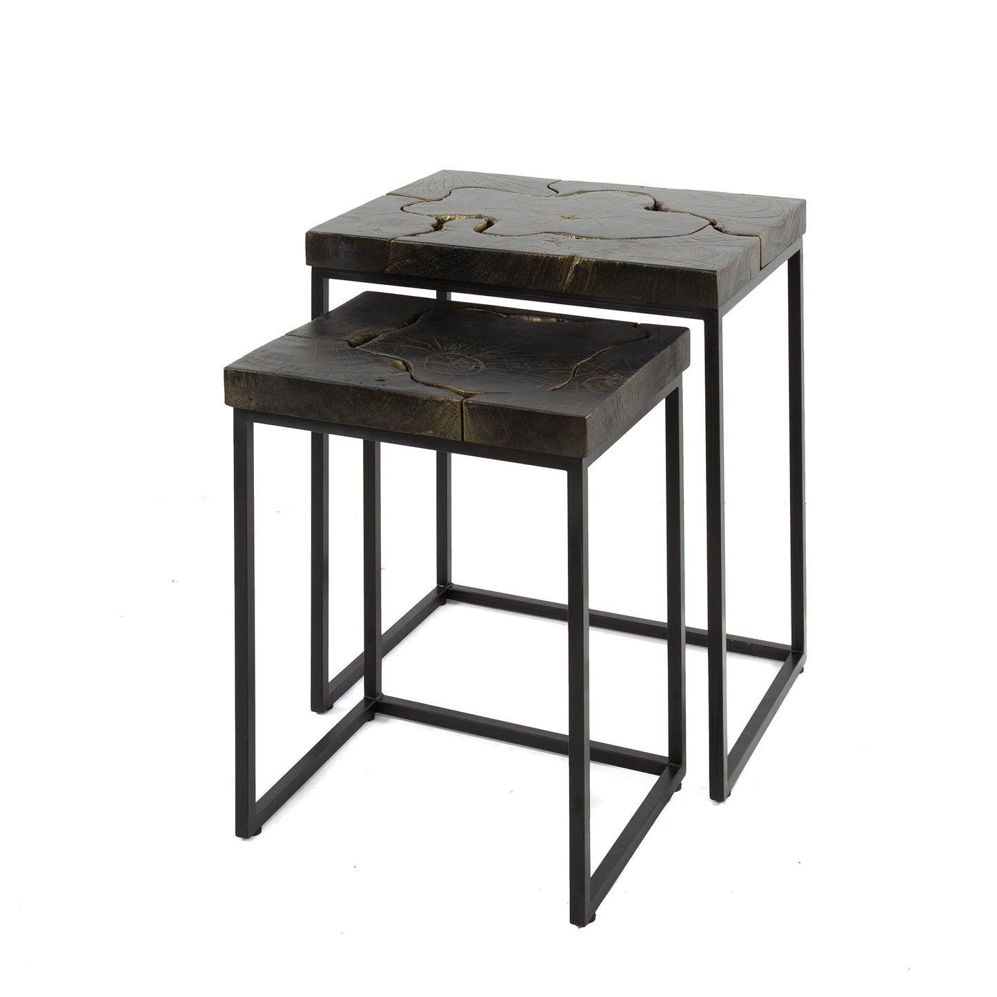 Bijzettafelset 2/ rechthoekig black and gold / Massief gerecycled teakhout black gold