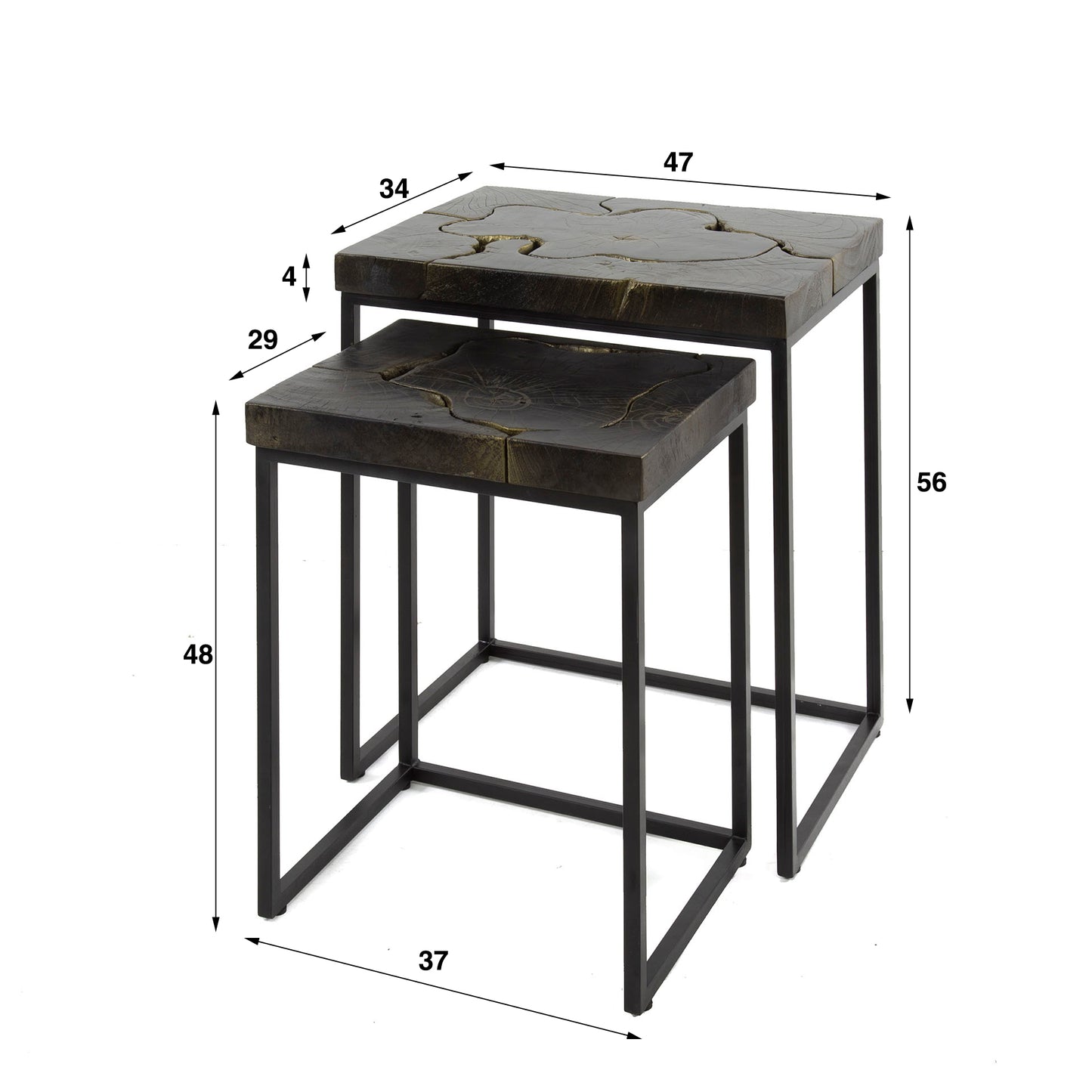 Bijzettafelset 2/ rechthoekig black and gold / Massief gerecycled teakhout black gold