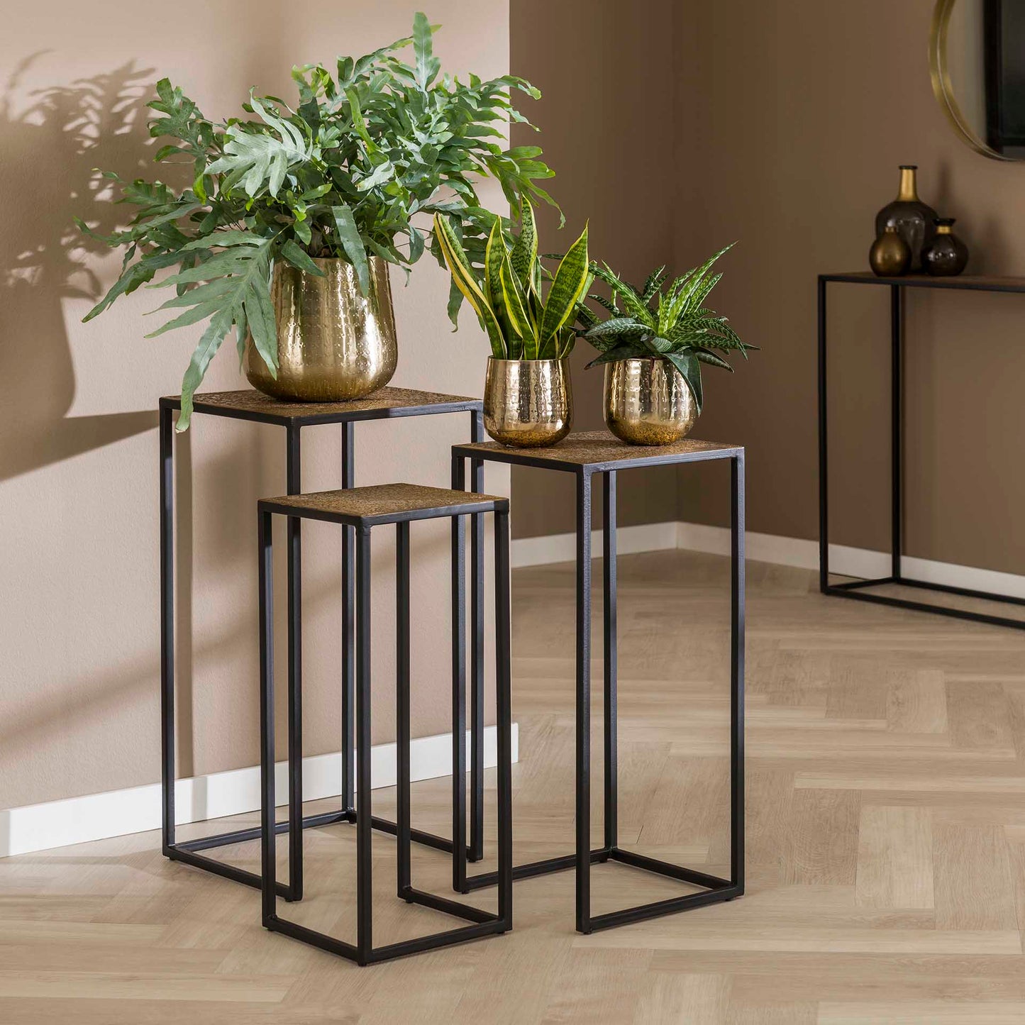Bloemenzuil set van 3 - 35x35x70 cm - Iron Metallic Brons antiek