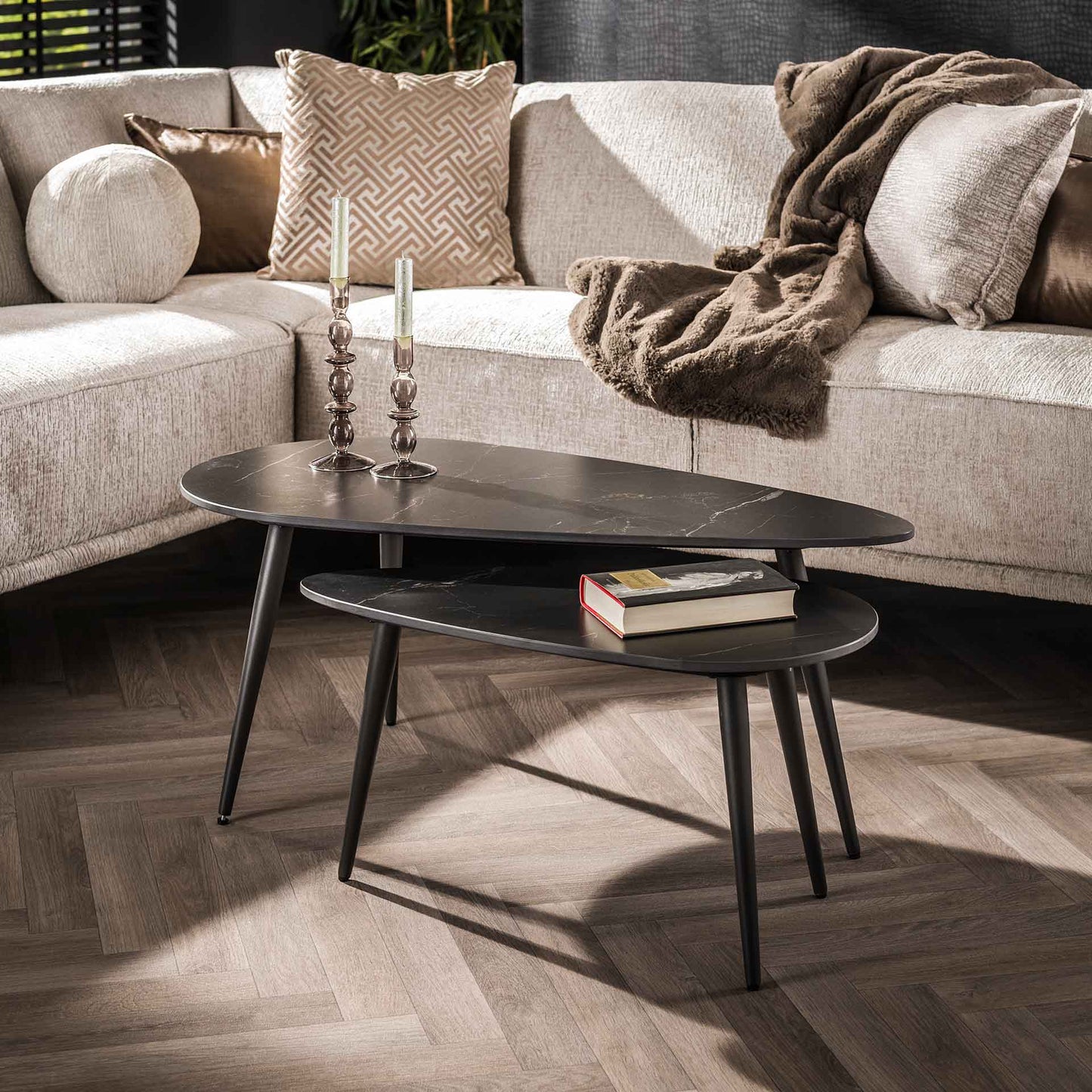 Salontafel set van 2 niervormige Ceramic - 100x50x40 cm - Ceramic natural black