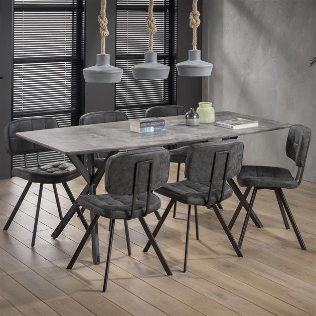 Eetkamertafel 190 Ovaal Blad - Zwart Gepoedercoat Frame / 3D Betonlook Grijs - 190x90x76 cm