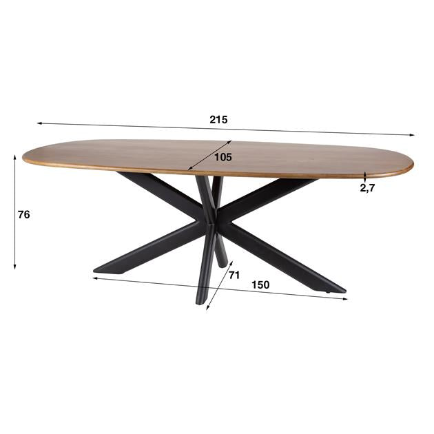 Eetkamertafel 215 Cliff Ovale Buis - 215x105x76 cm - Massief mango zandkleur