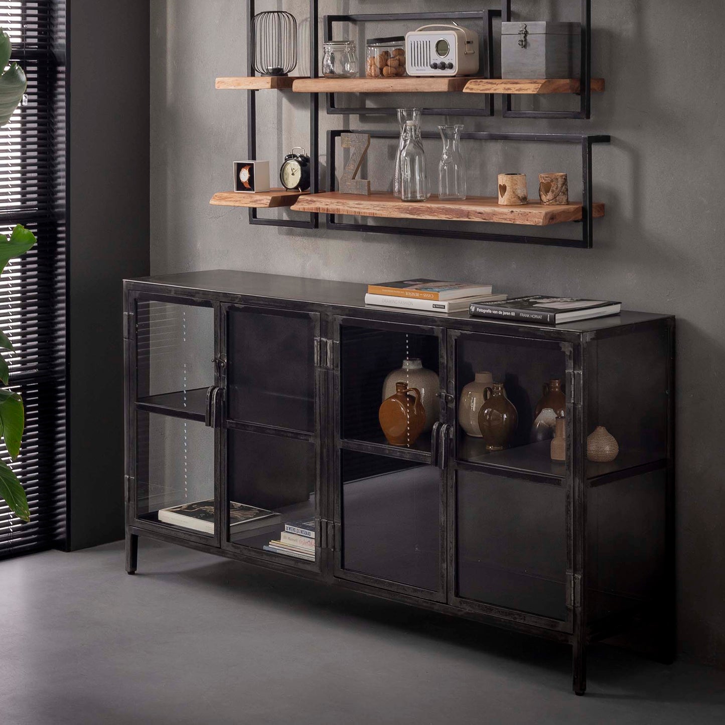 Dressoir Rift Metal 4 Deuren - 180x40x92 cm - Gun Metal