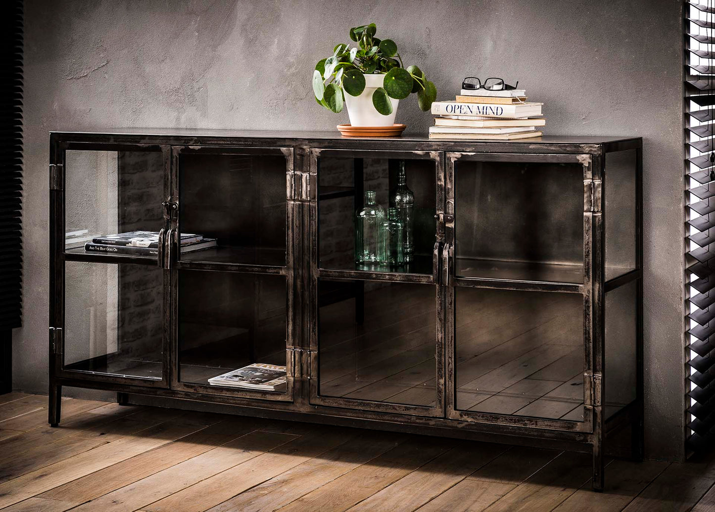 Dressoir Rift metal 4 deuren / Gun metal 180cm
