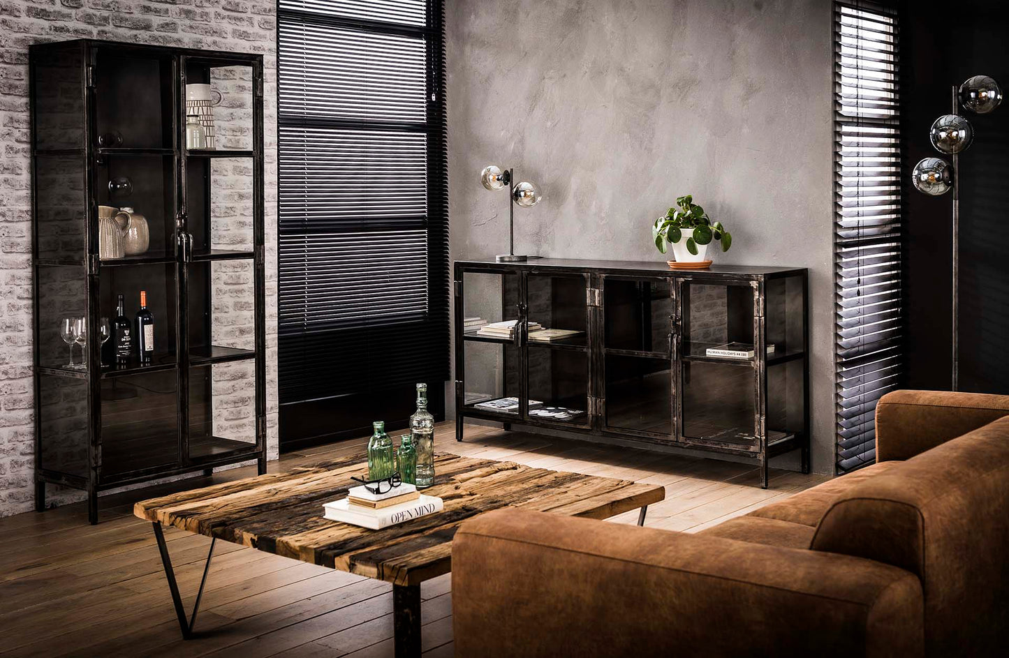 Dressoir Rift metal 4 deuren / Gun metal 180cm