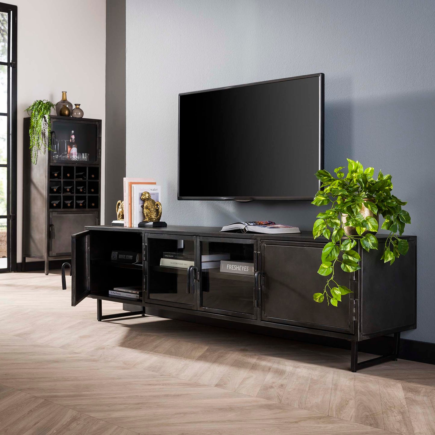 TV-meubel 180cm Rift metal / Gun metal
