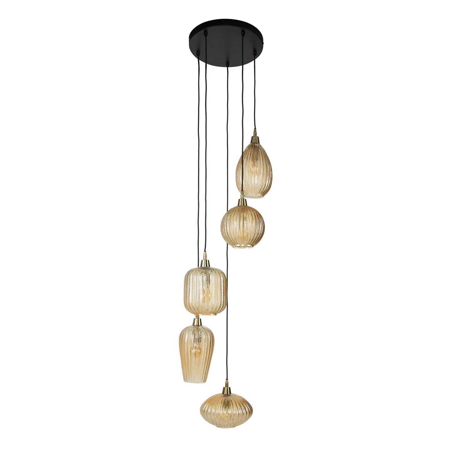 Hanglamp 5L V-shape pattern getrapt / Amberkleurig glas