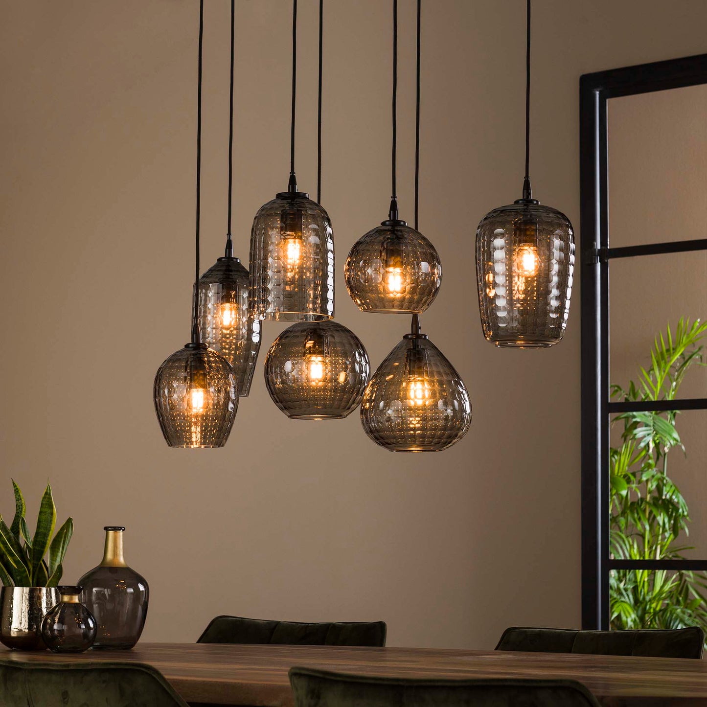 Hanglamp van 7 Lampen Hexagon Mix - 90x30x150 cm - Smoke grey glas