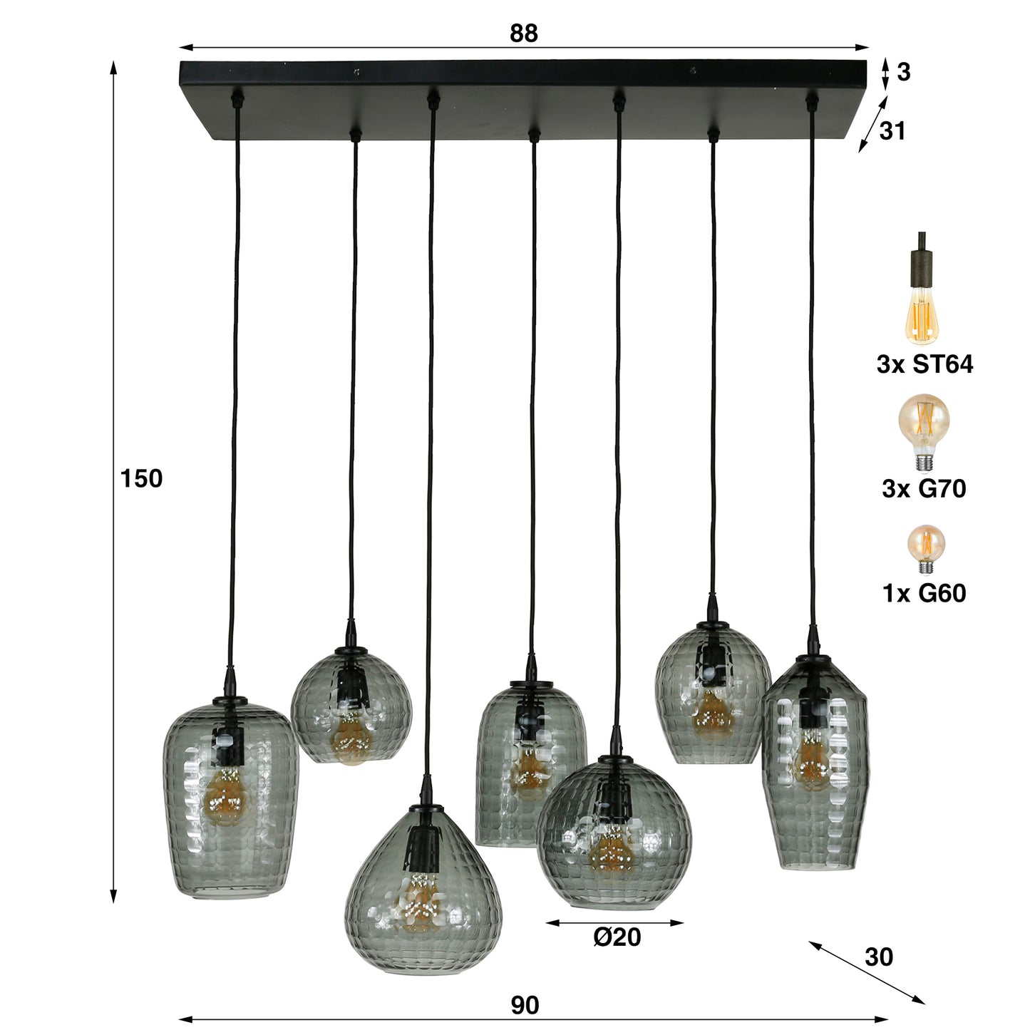 Hanglamp 4+3 hexagon mix / Smoke grey glas