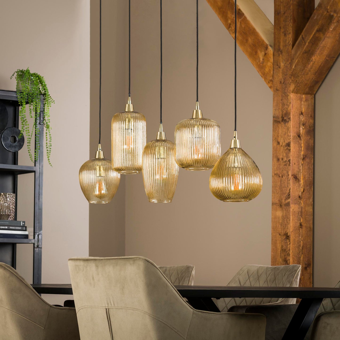Hanglamp 5L stripe glass mix / Amberkleurig glas