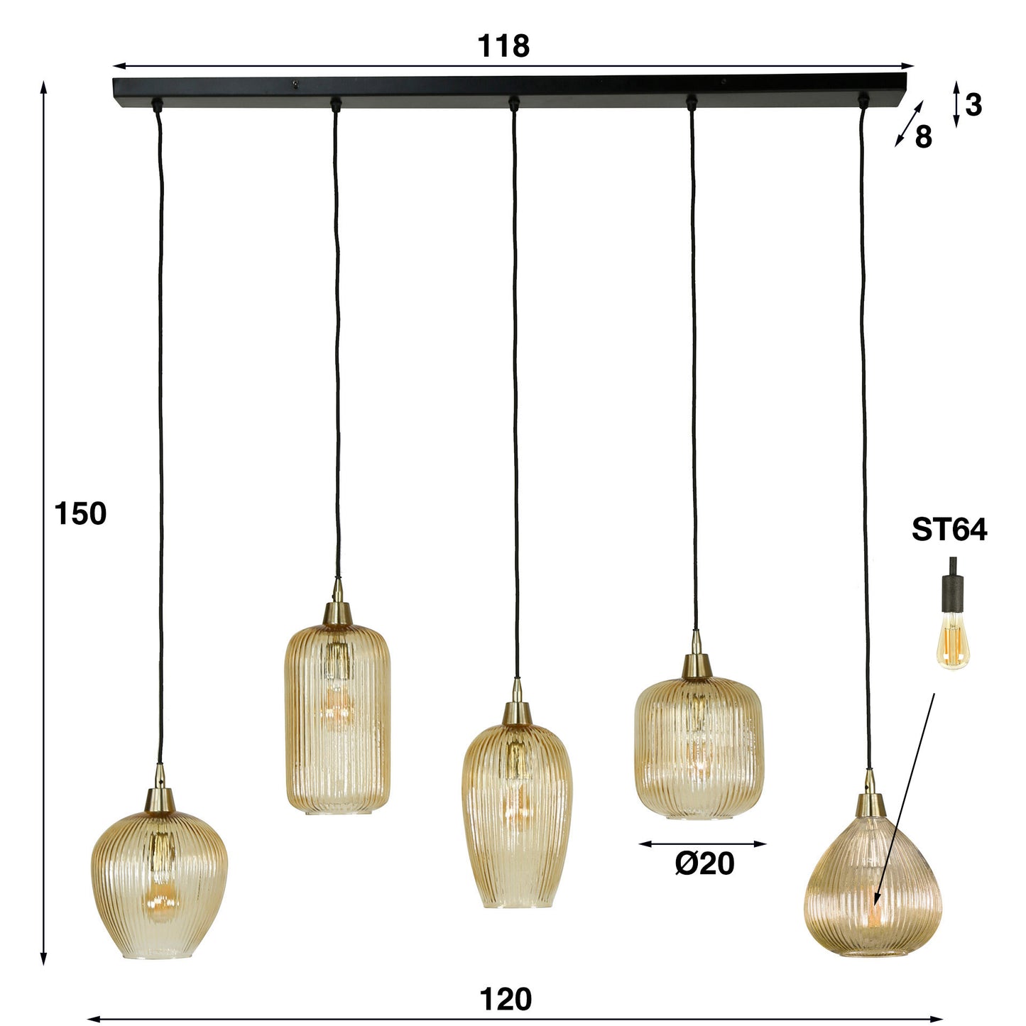 Hanglamp 5L stripe glass mix / Amberkleurig glas