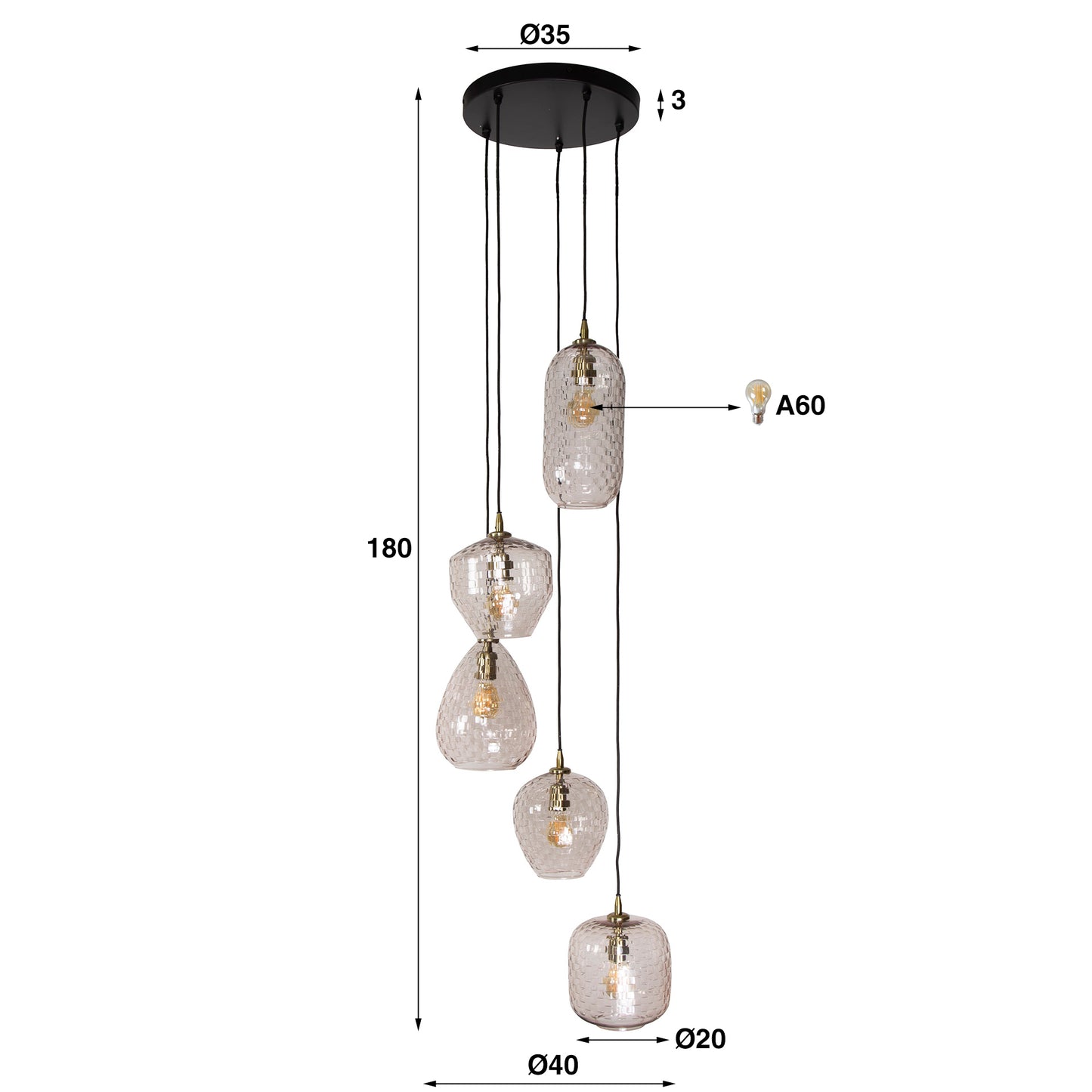 Hanglamp 5L patch pattern getrapt / Diamond glass