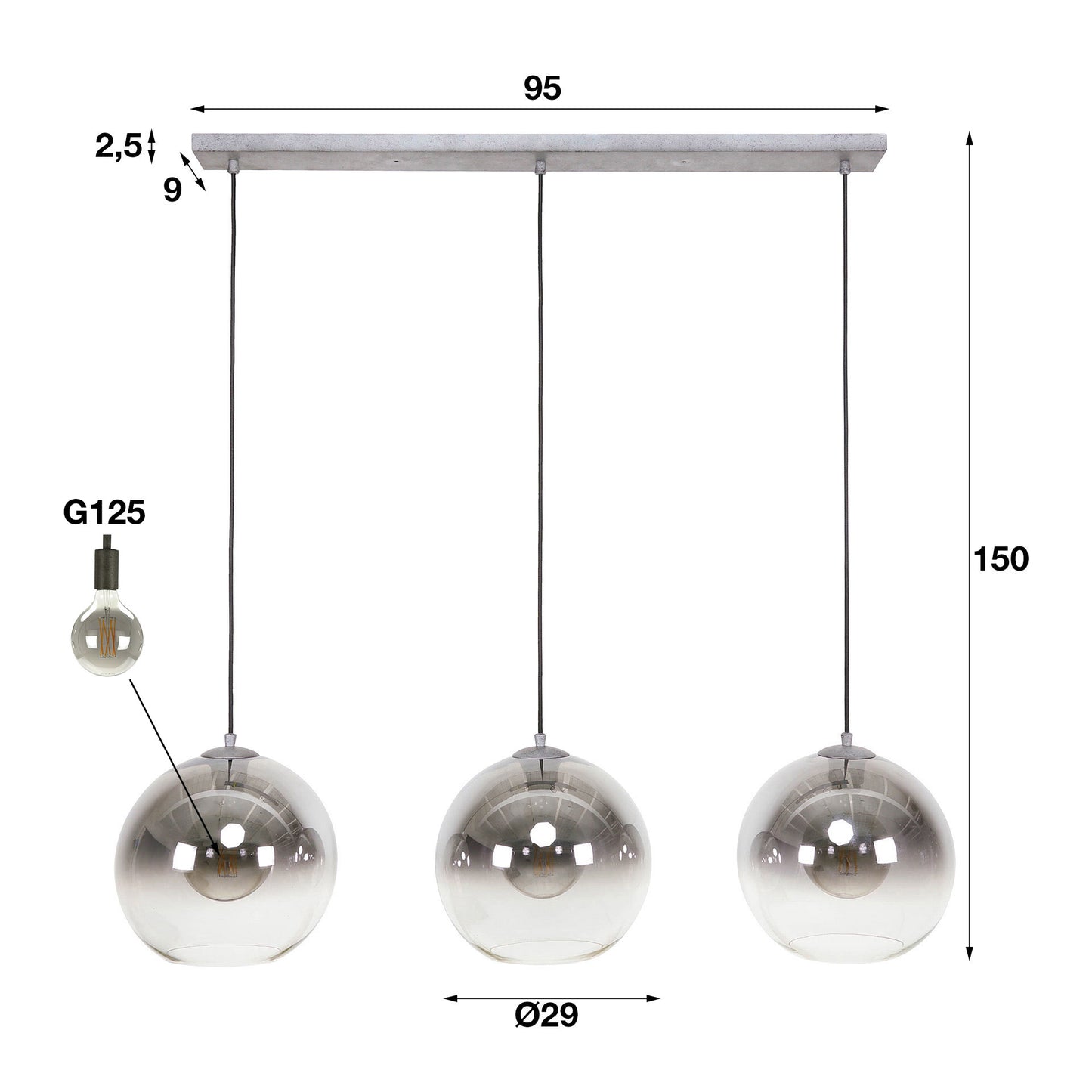 Hanglamp 3L bubble shaded / Oud zilver