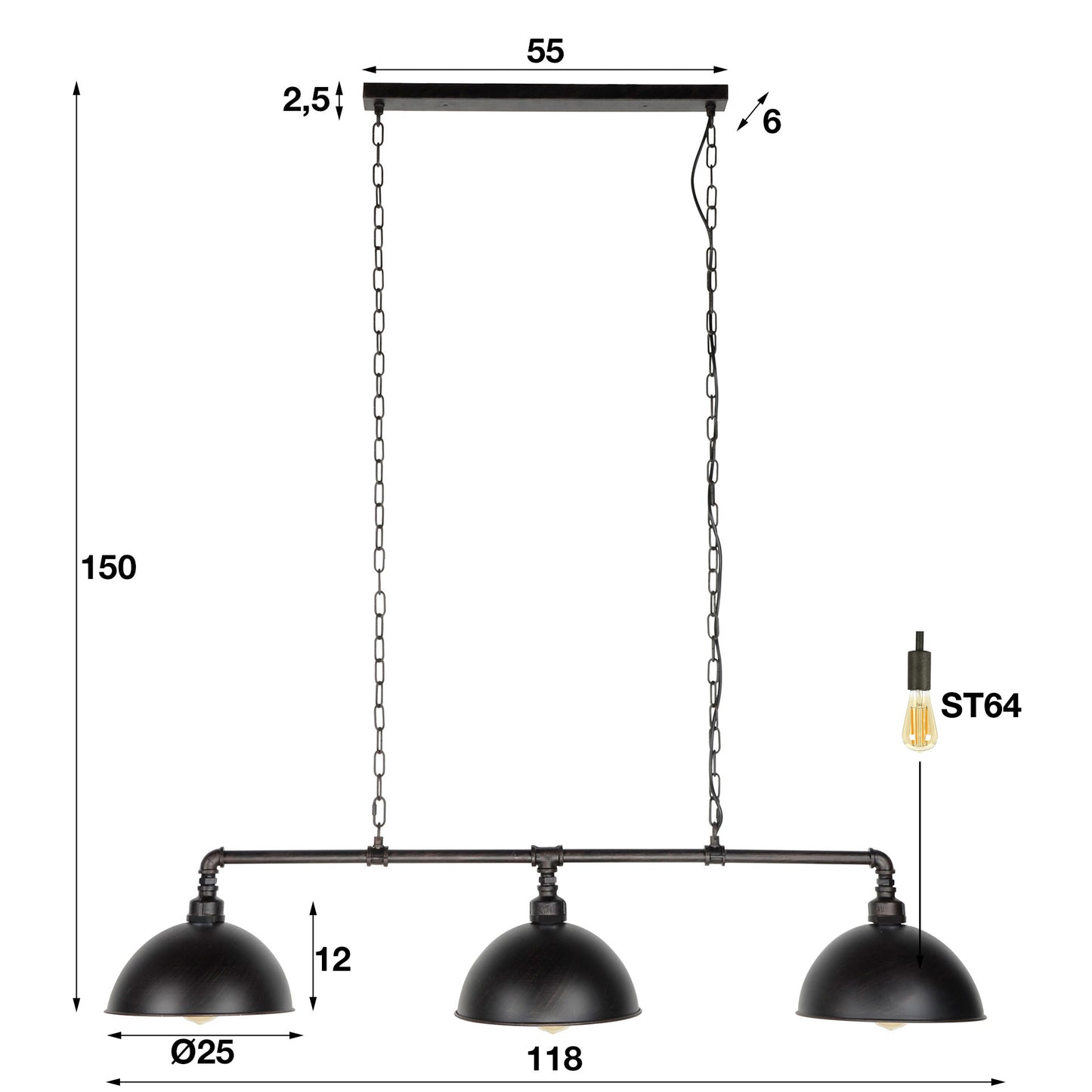 Hanglamp 3L halfronde kap-industrial tube / Zwart