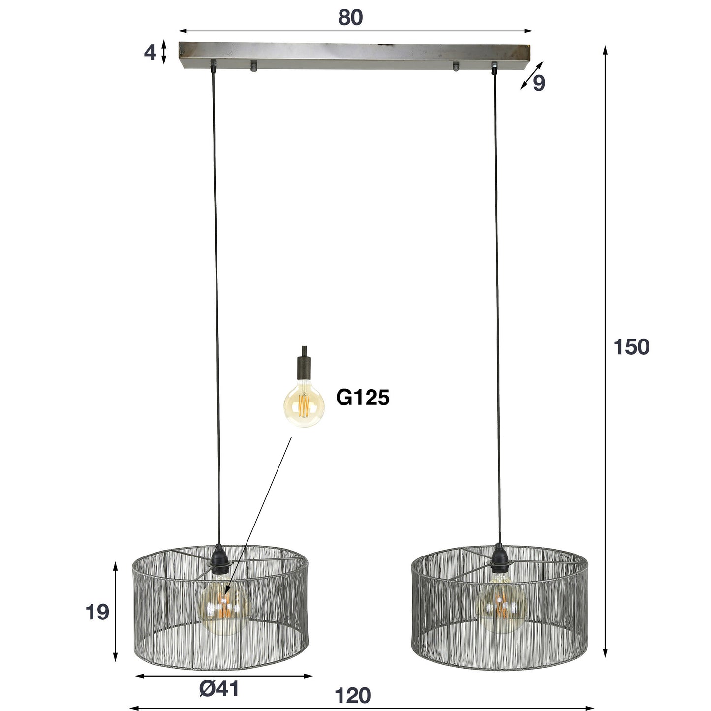 Hanglamp 2L stringshade metal / Zwart nikkel