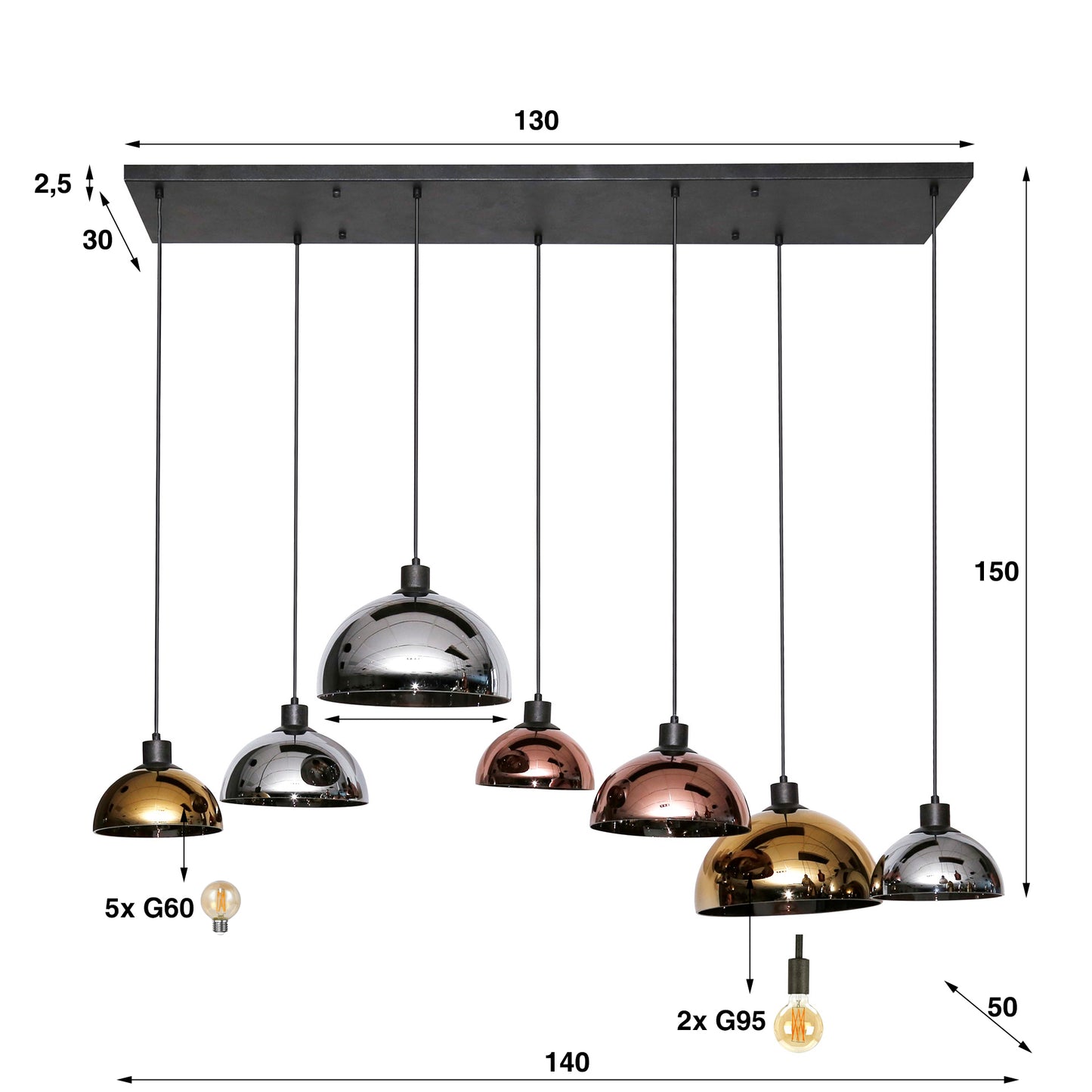 Hanglamp 4+3 disk glass tricolore / Artic zwart