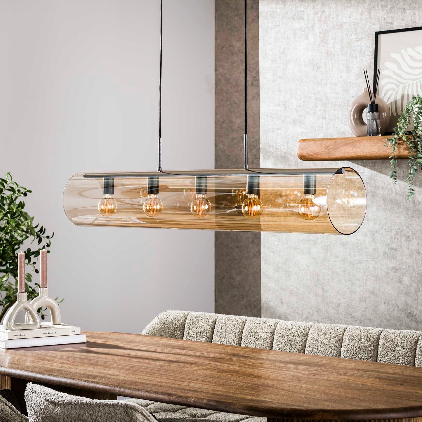 Hanglamp 5L tube amber glas / Artic zwart