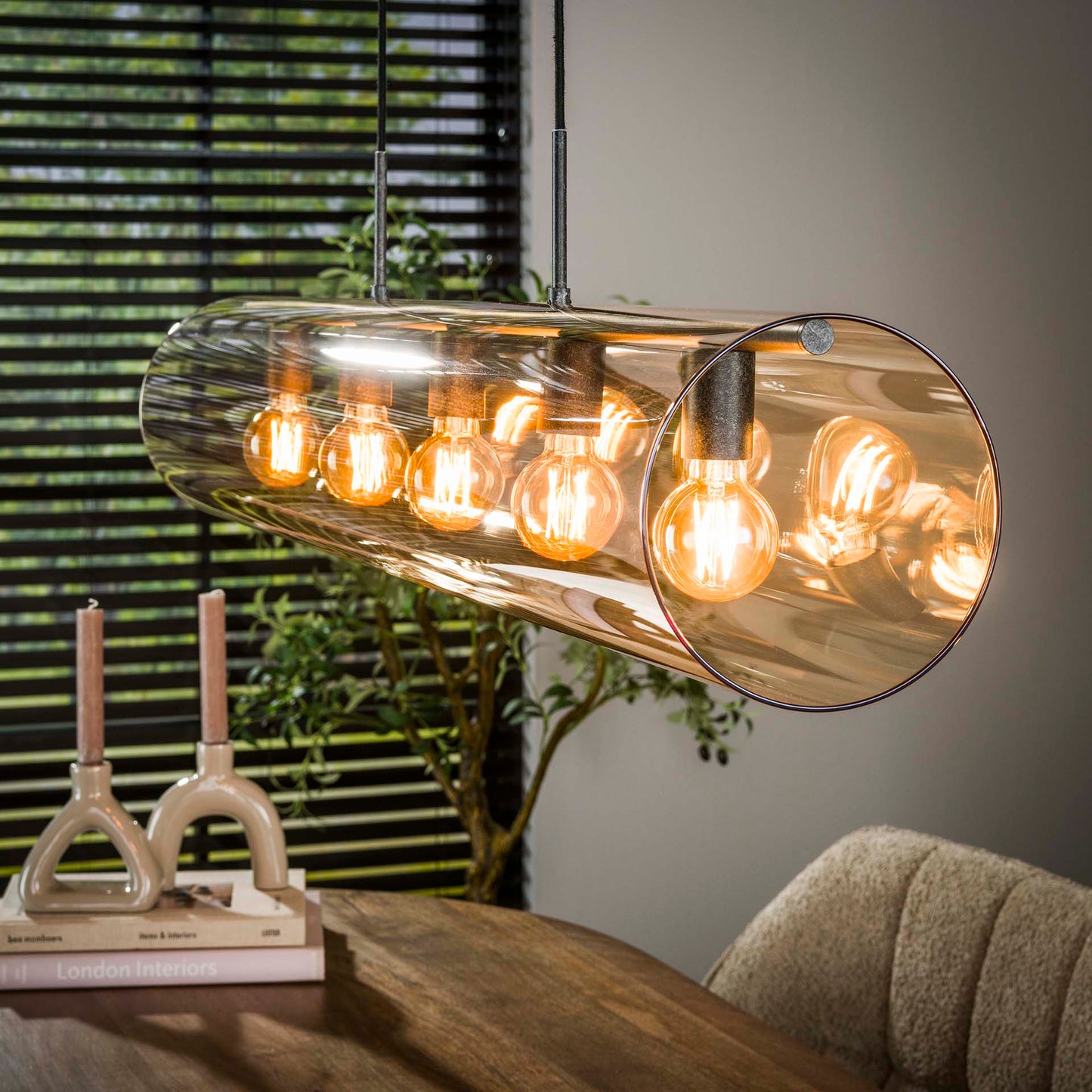 Hanglamp 5L tube amber glas / Artic zwart