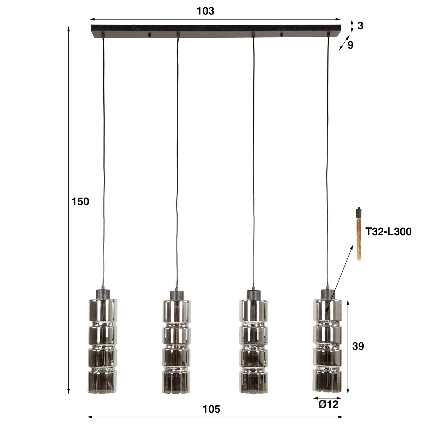 Hanglamp 4L cylinder glas / Artic zwart