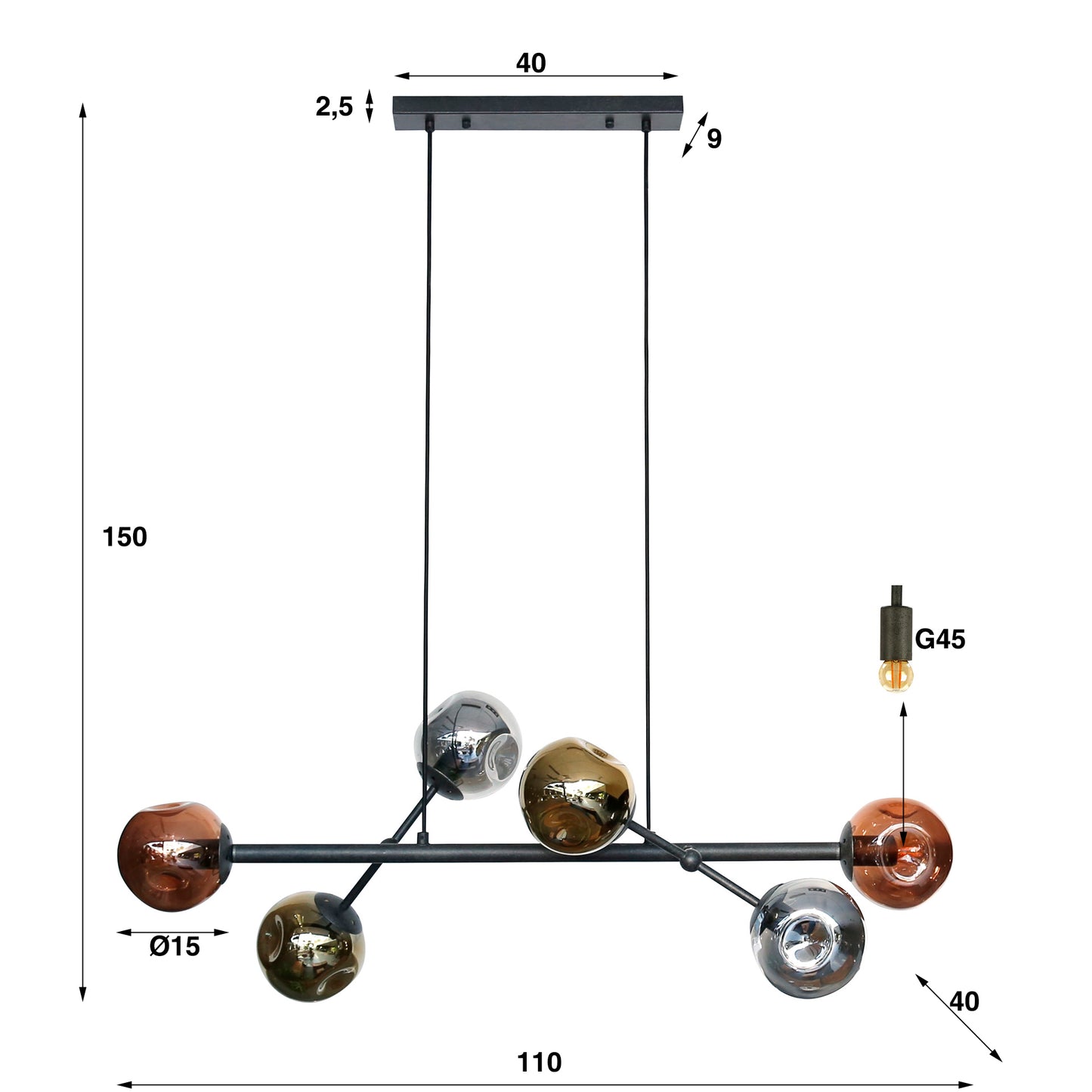 Hanglamp 6L molecule mix glass / Artic zwart
