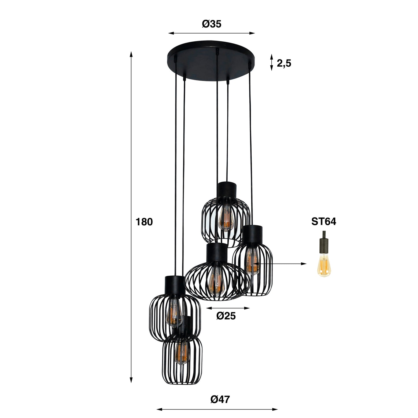 Hanglamp 5L getrapt mix metal / Charcoal