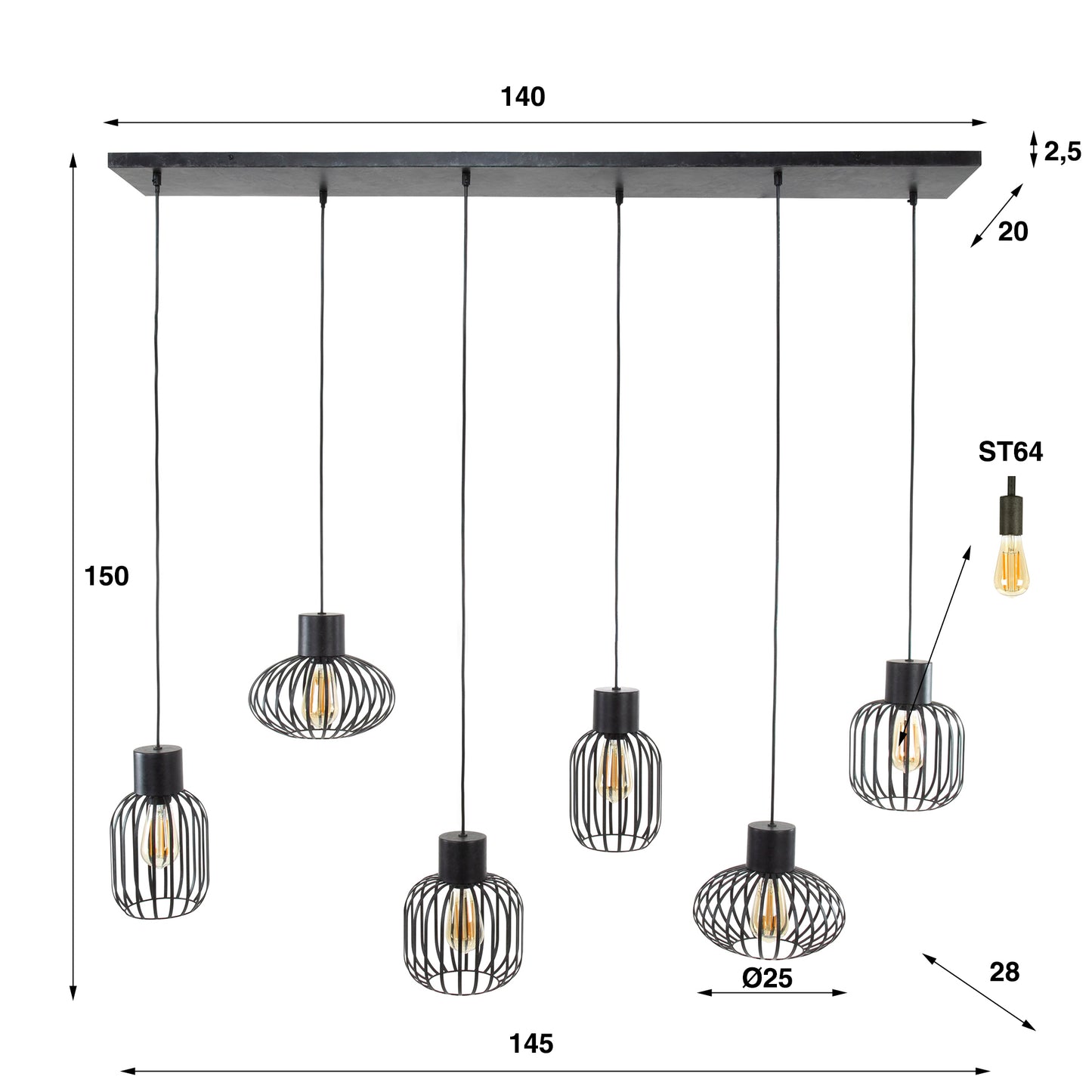 Hanglamp 3+3 mix metal / Charcoal