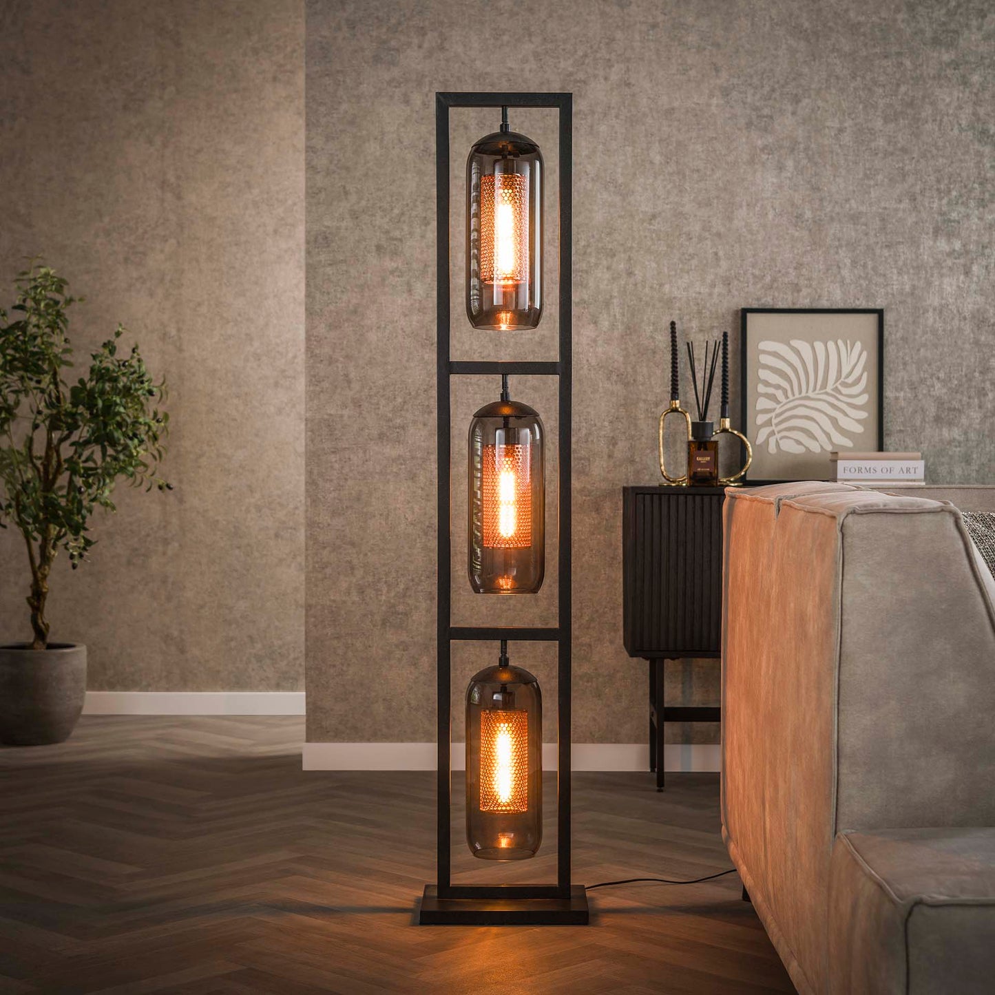 Vloerlamp van 3 Lampen Tower Smoke - 32x23x158 cm - Glas-geperforeerd staal in Artic zwart