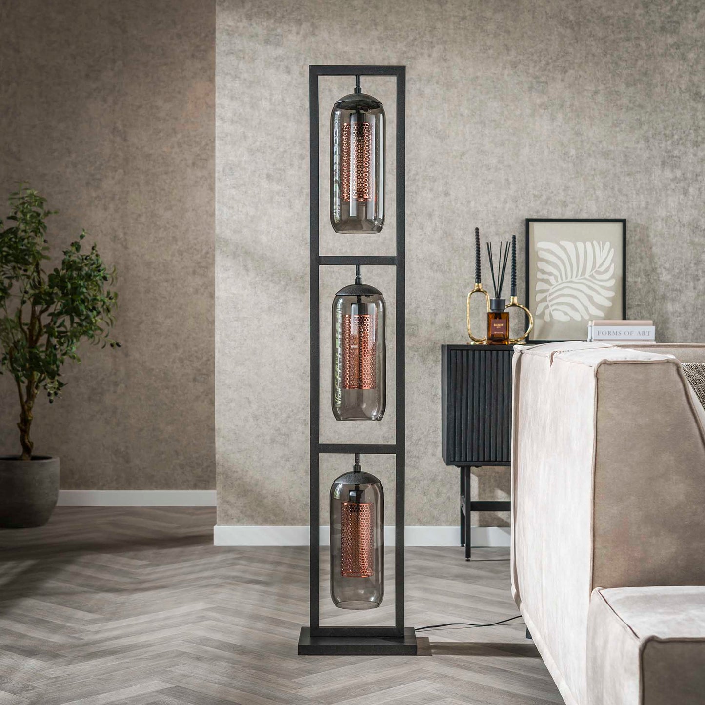 Vloerlamp 3L tower smoke glas-geperforeerd staal / Artic zwart