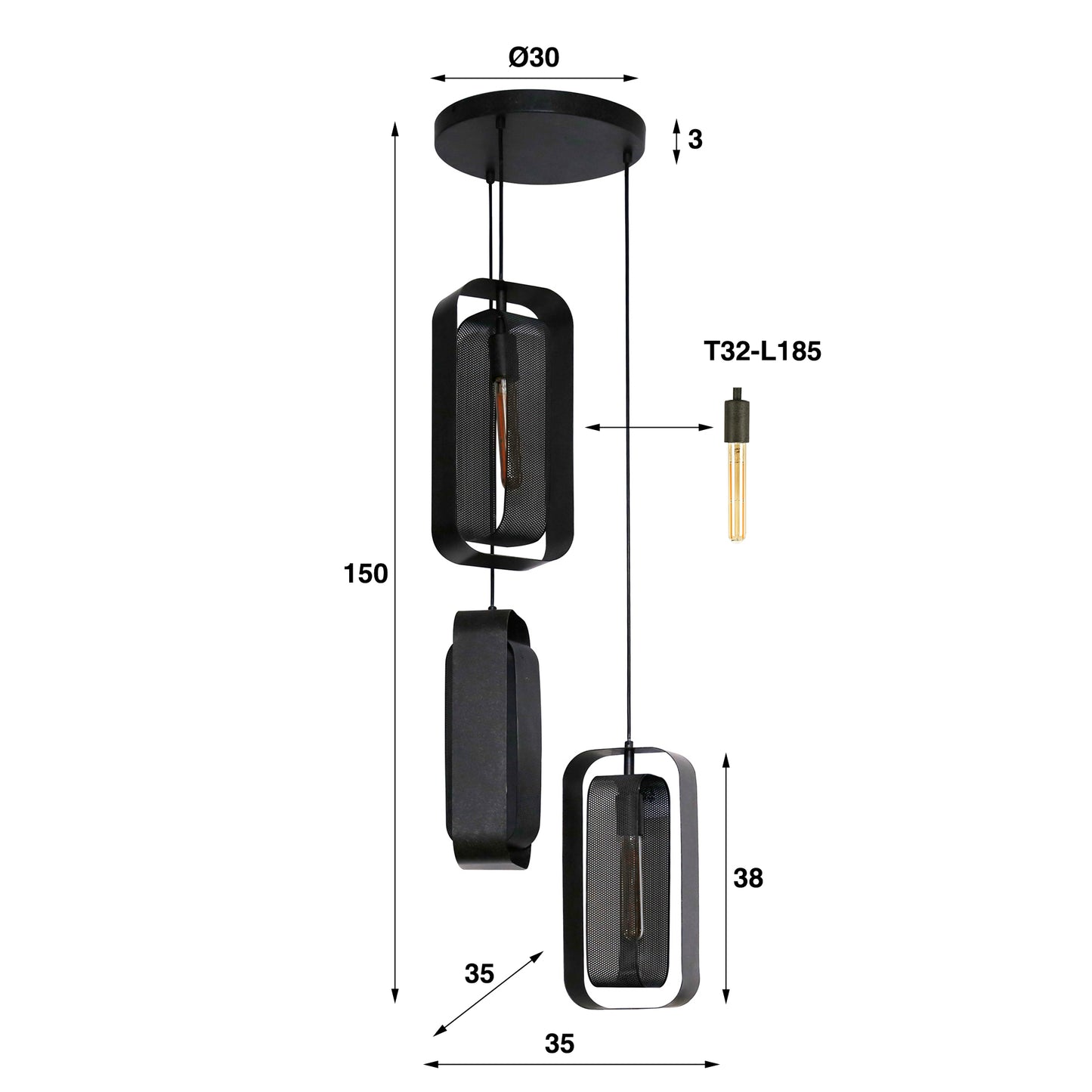 Hanglamp 3L mesh rotate / Artic zwart