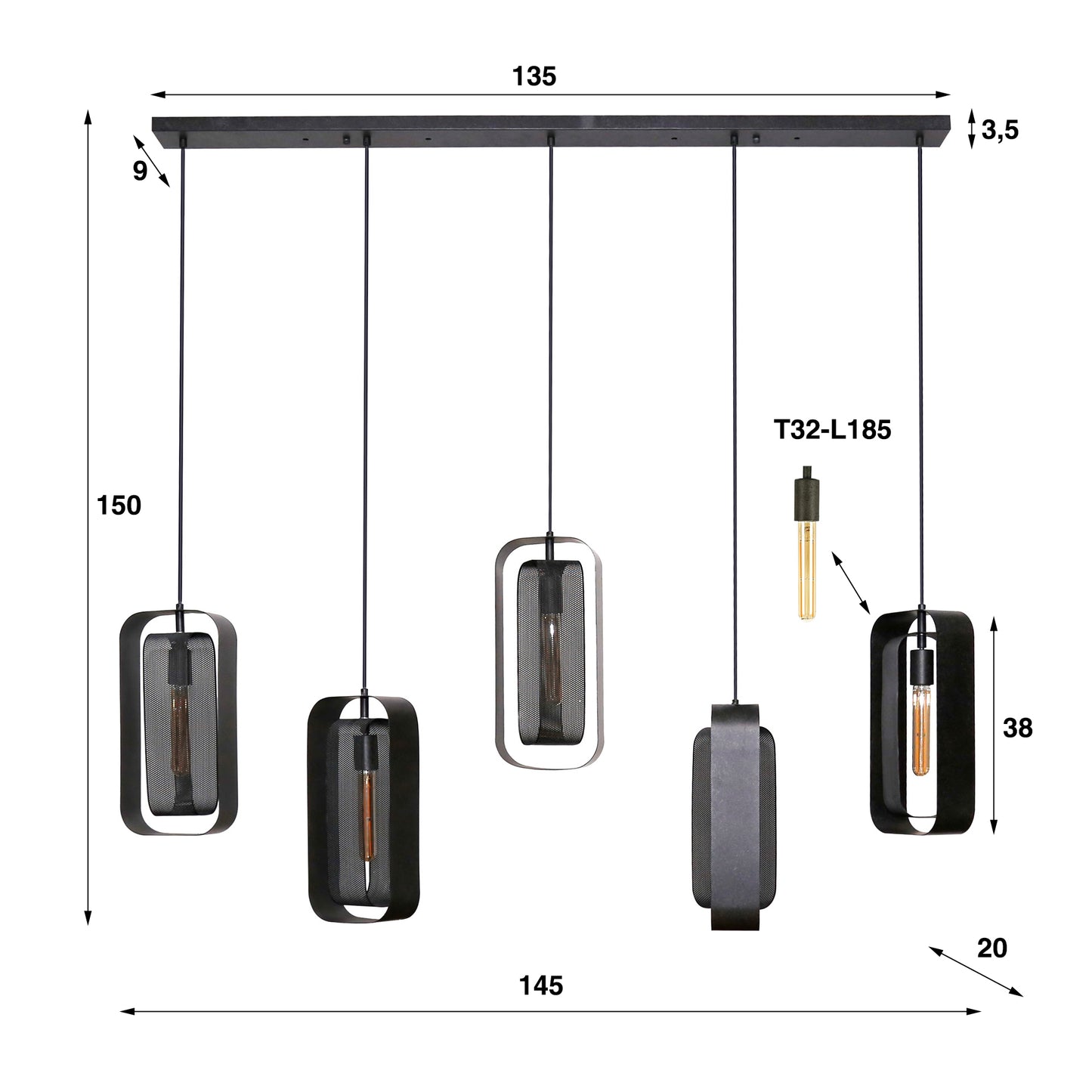 Hanglamp 5L mesh rotate / Artic zwart