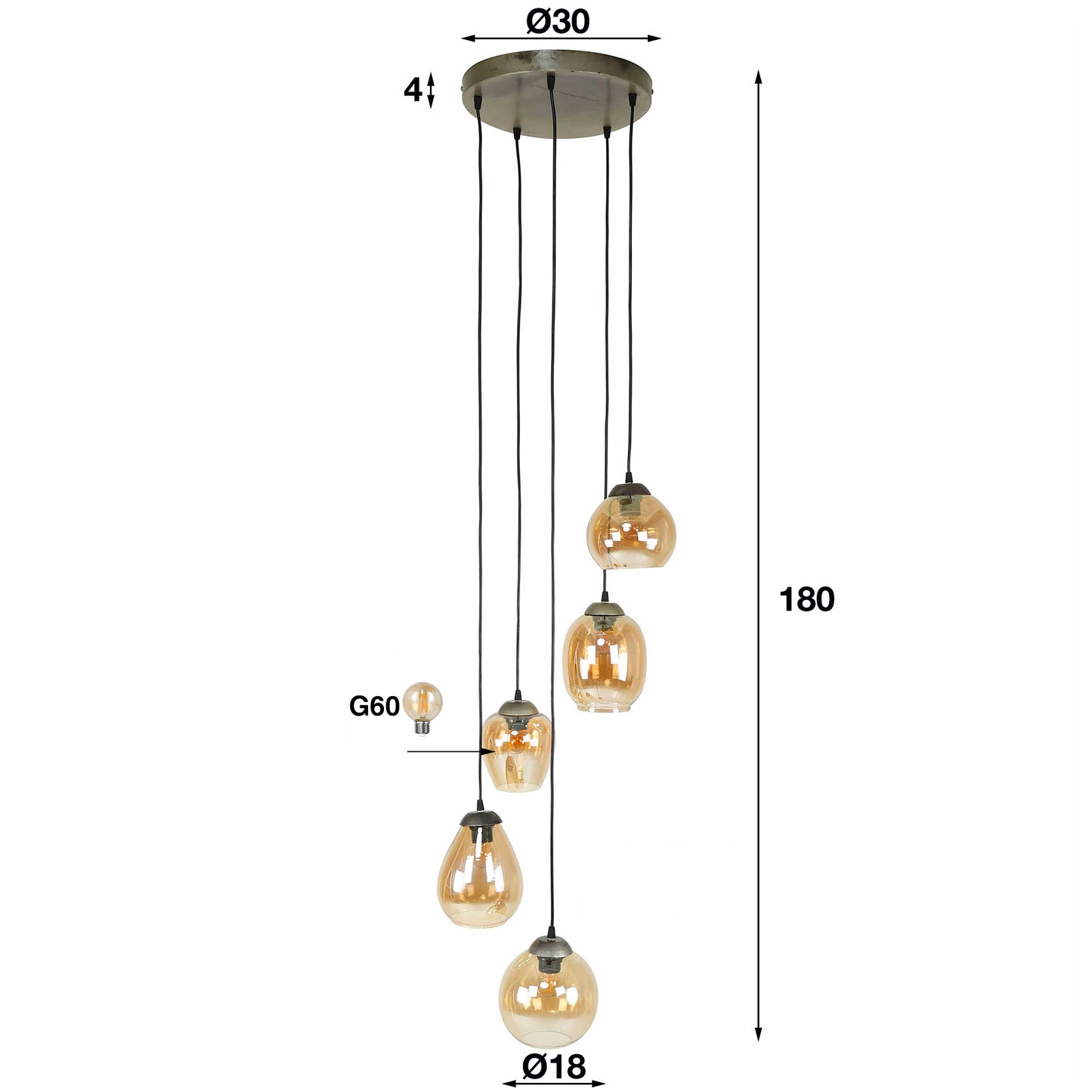 Hanglamp 5L getrapt mix Amberkleurig glas