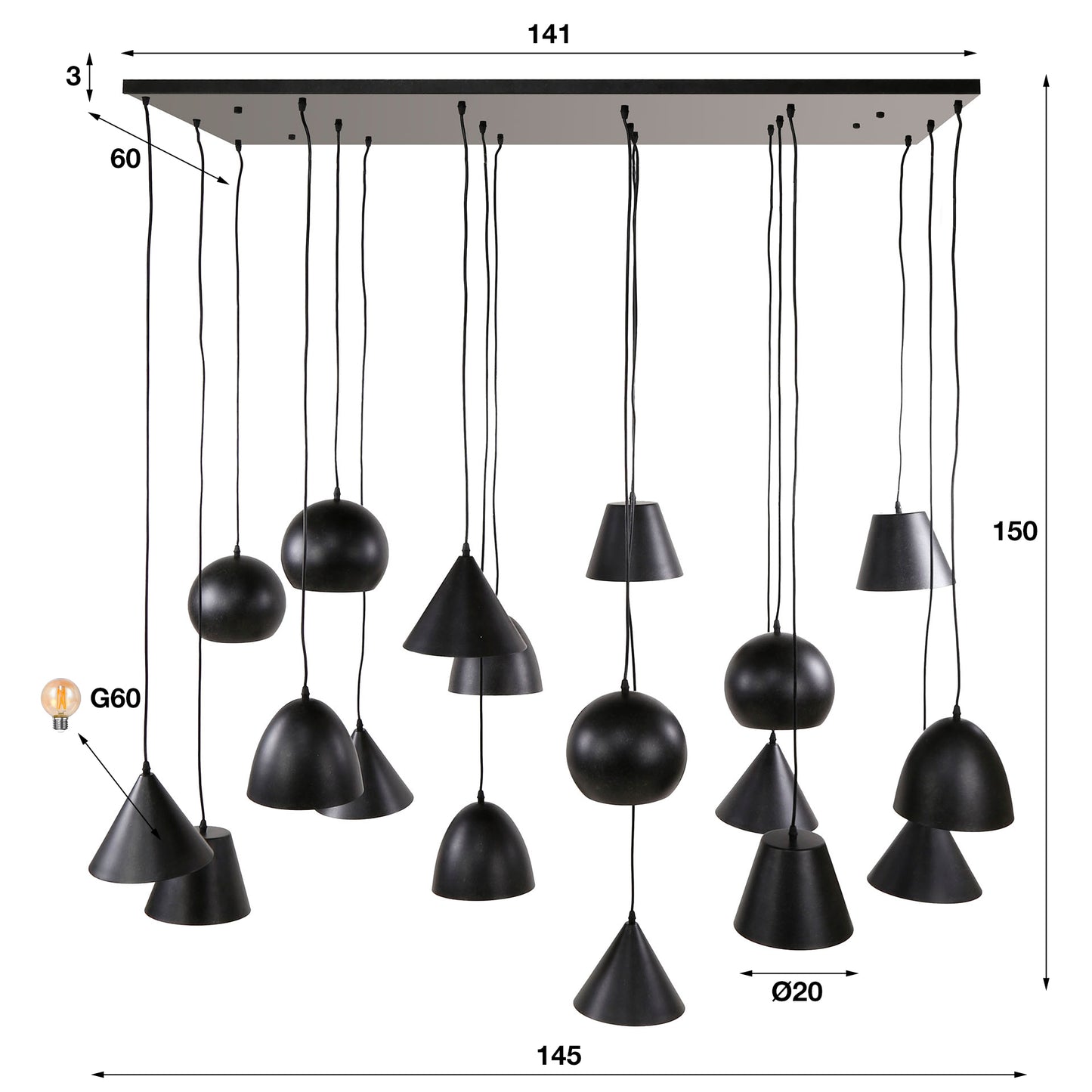 Hanglamp 18L XXL metalen kap / Artic zwart