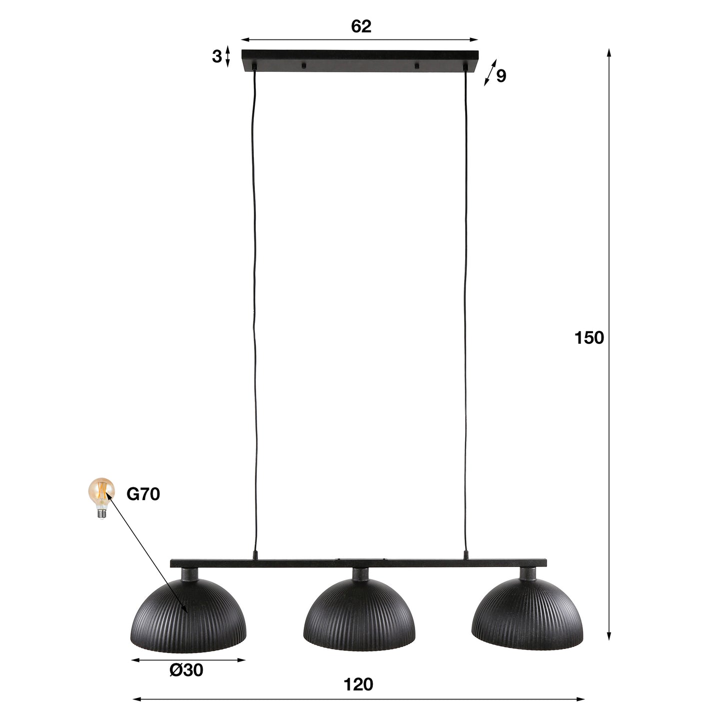 Hanglamp 3L halfronde kap-ribbel / Artic zwart