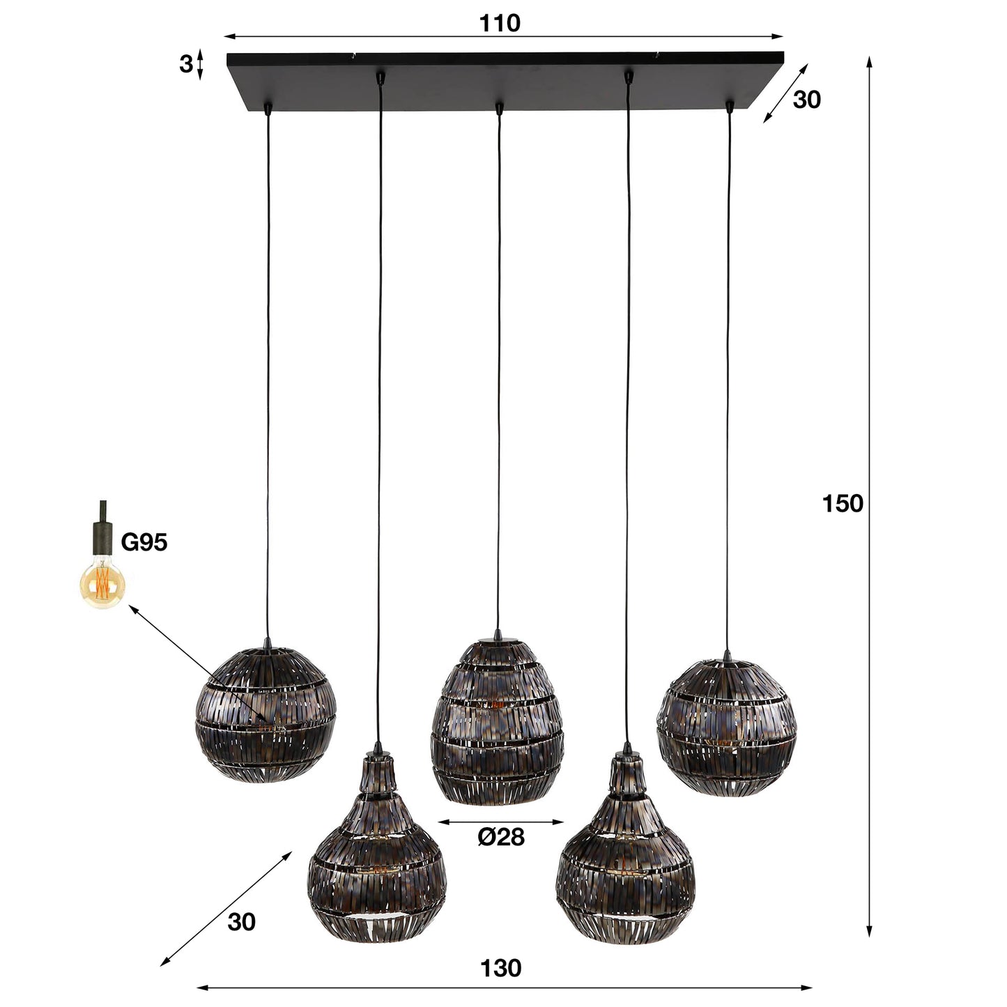 Hanglamp 5L strip multi shade / Zwart bruin