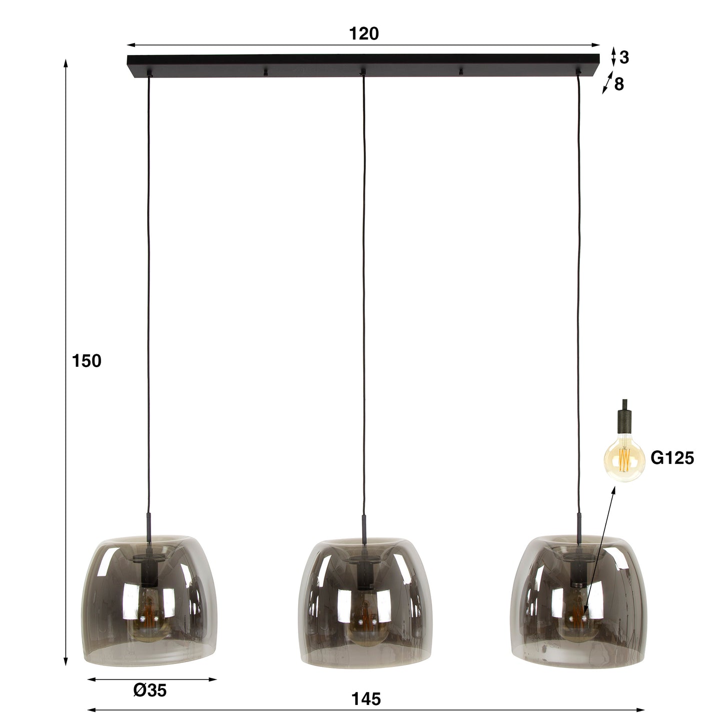 Hanglamp 3L drift glass / Smoke grey glas