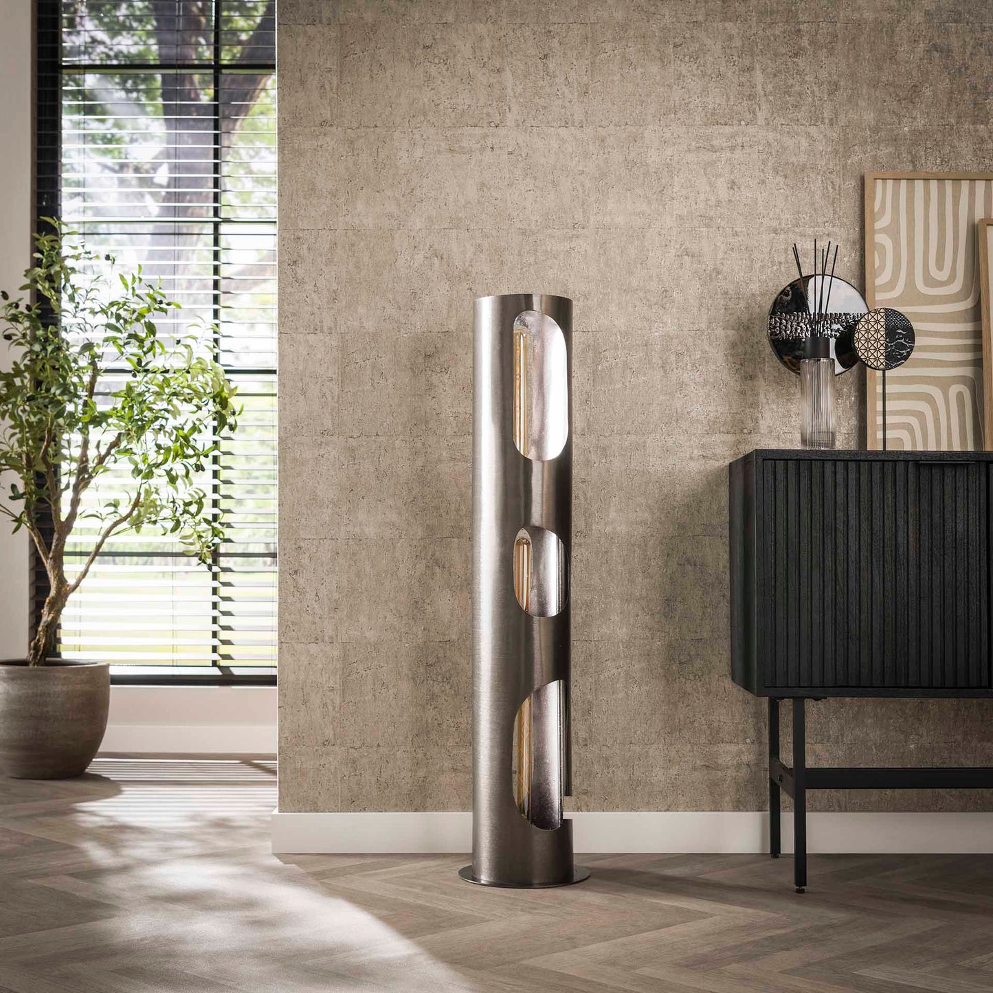Vloerlamp Ø25 organic cylinder L / Zwart nikkel