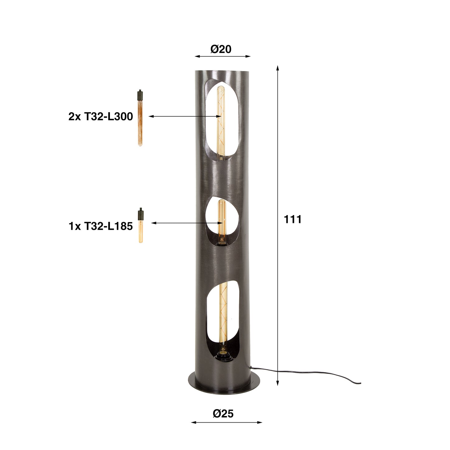 Vloerlamp Ø25 organic cylinder L / Zwart nikkel