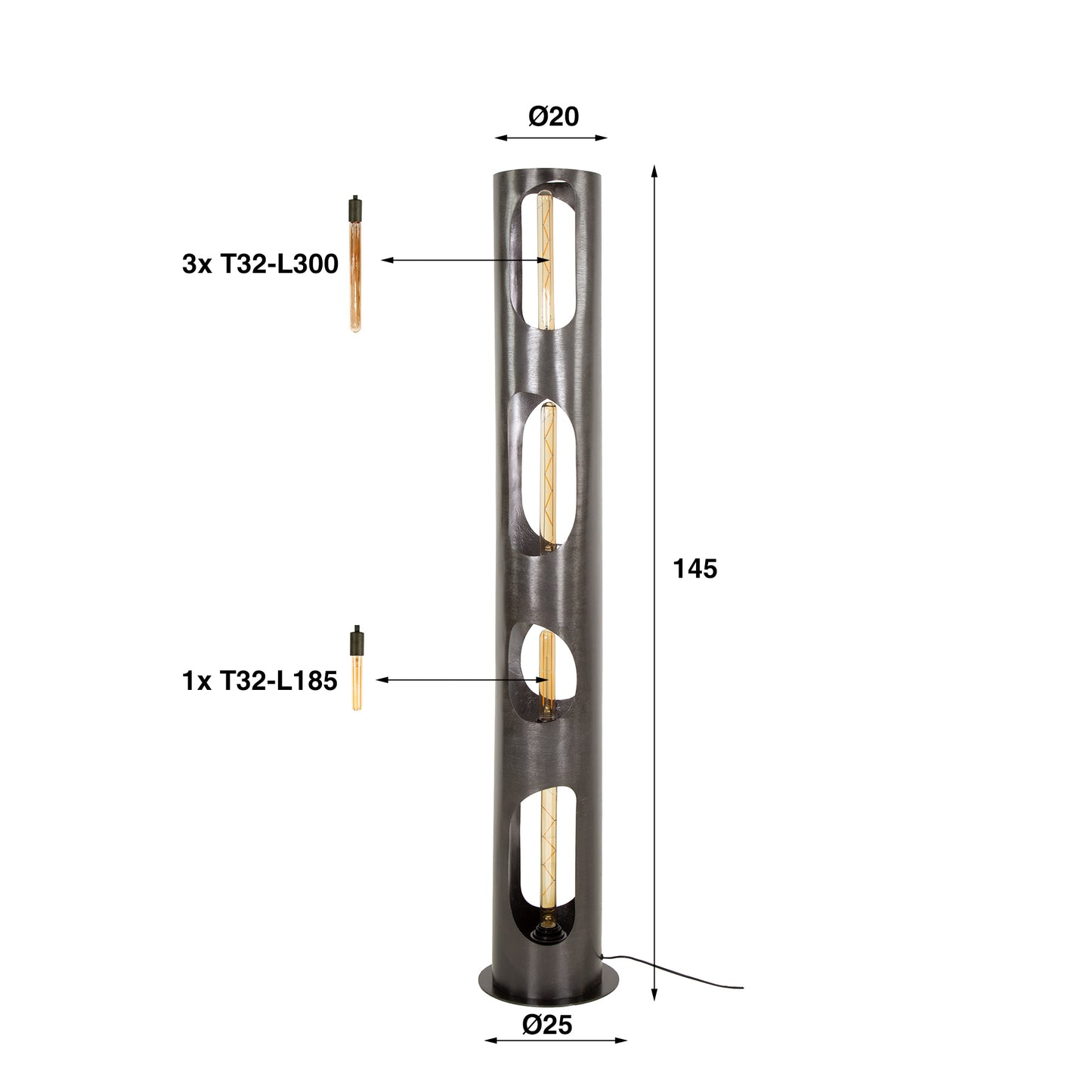 Vloerlamp Ø25 organic cylinder XL / Zwart nikkel