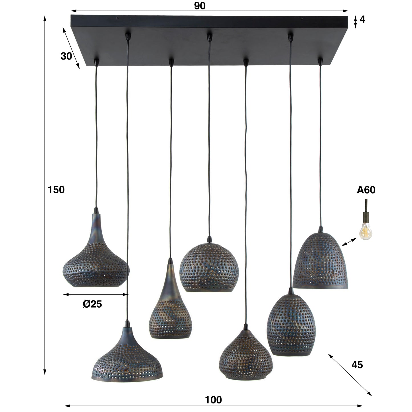 Hanglamp 4+3 punch mix / Zwart bruin