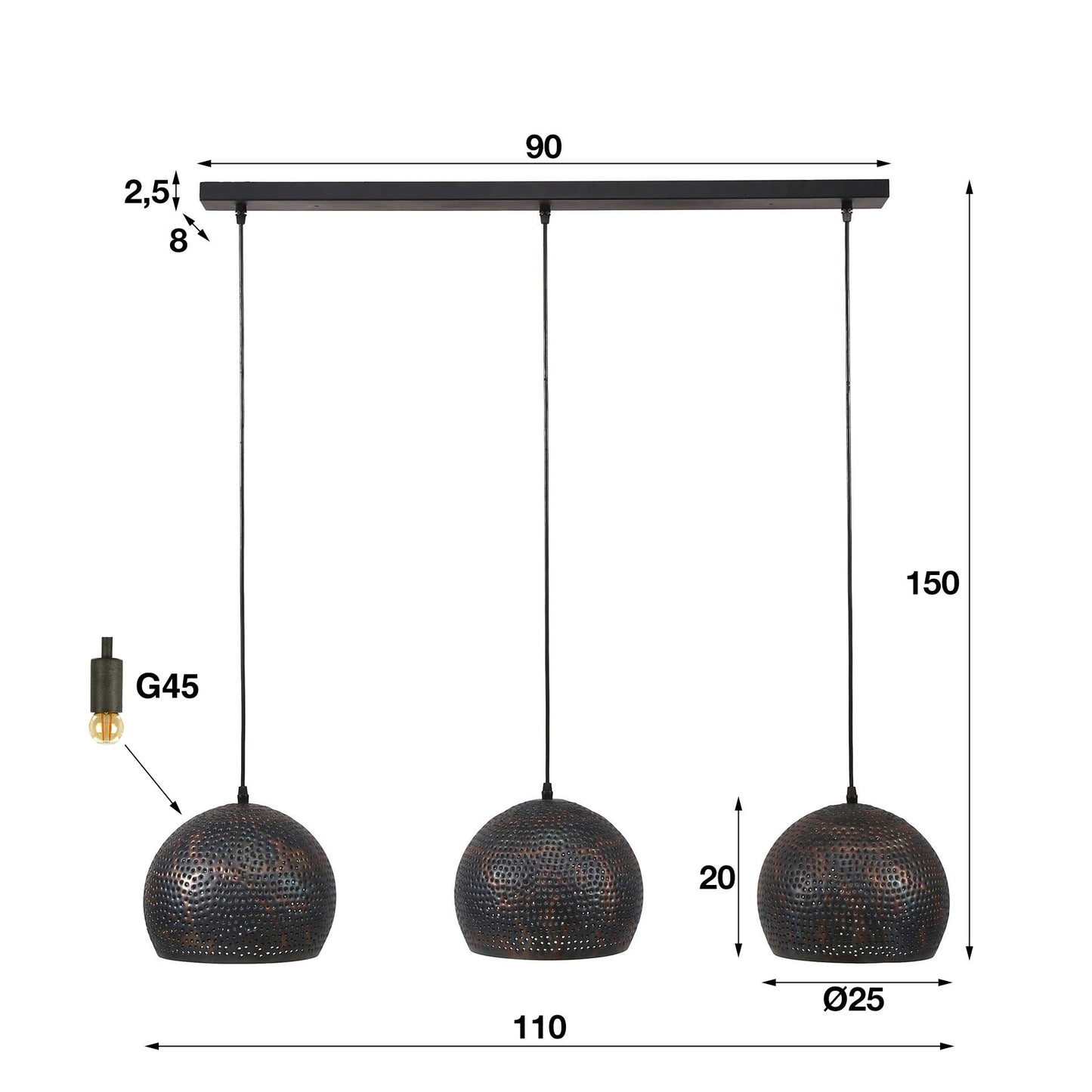 Hanglamp 3xØ25 punch bol / Zwart bruin