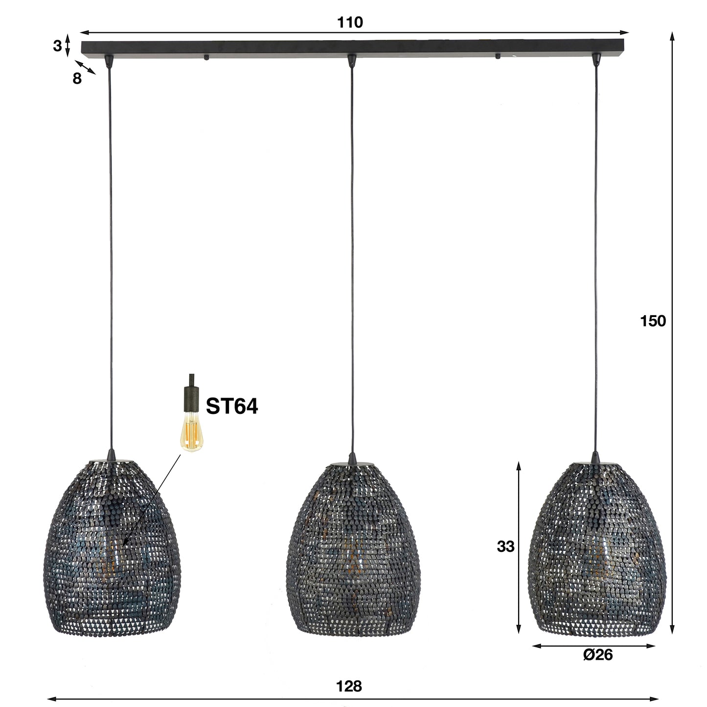 Hanglamp 3x Ø26 armor ovaal / Zwart bruin